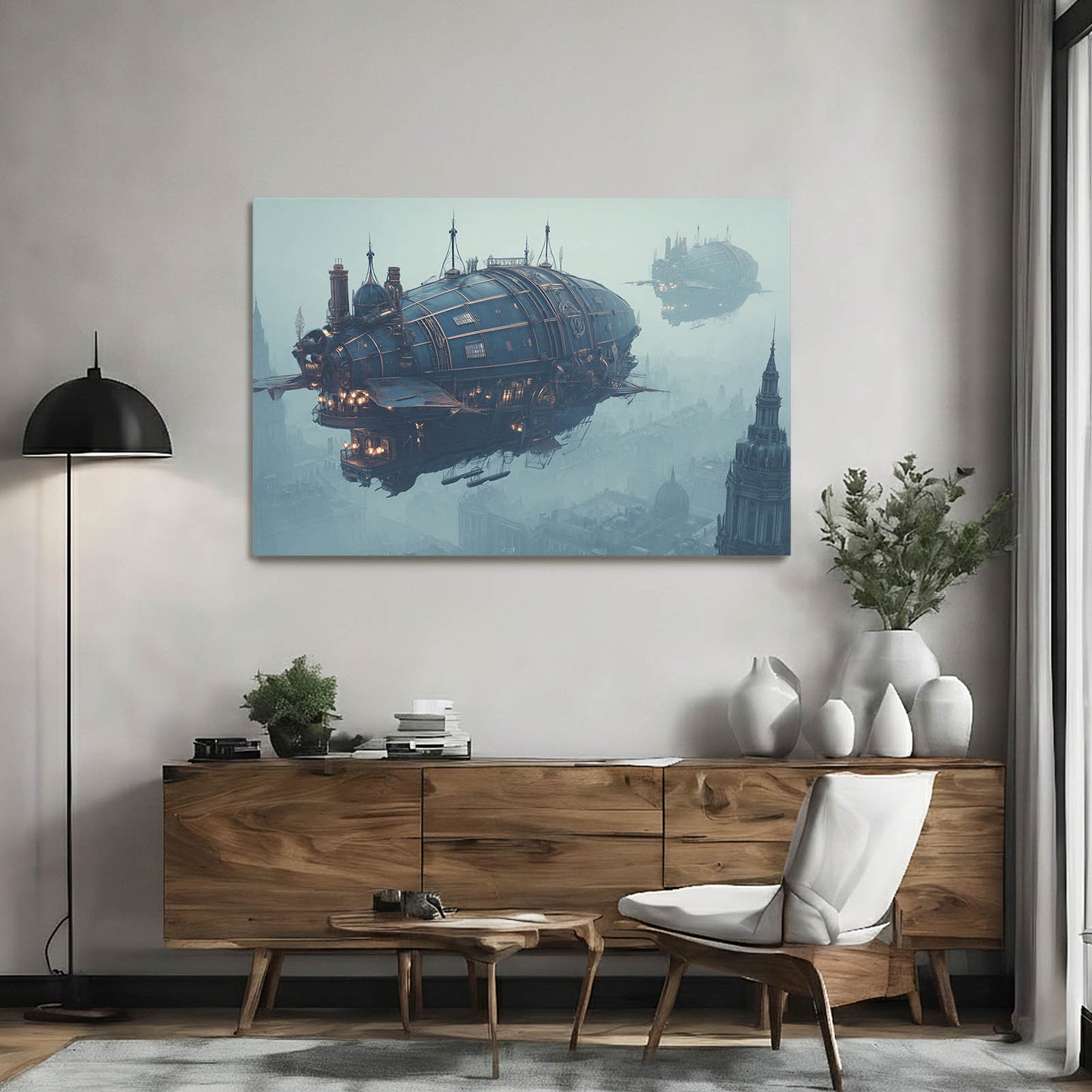 Blue Airship Harbor Steampunk Prints – styled in a furnished interior