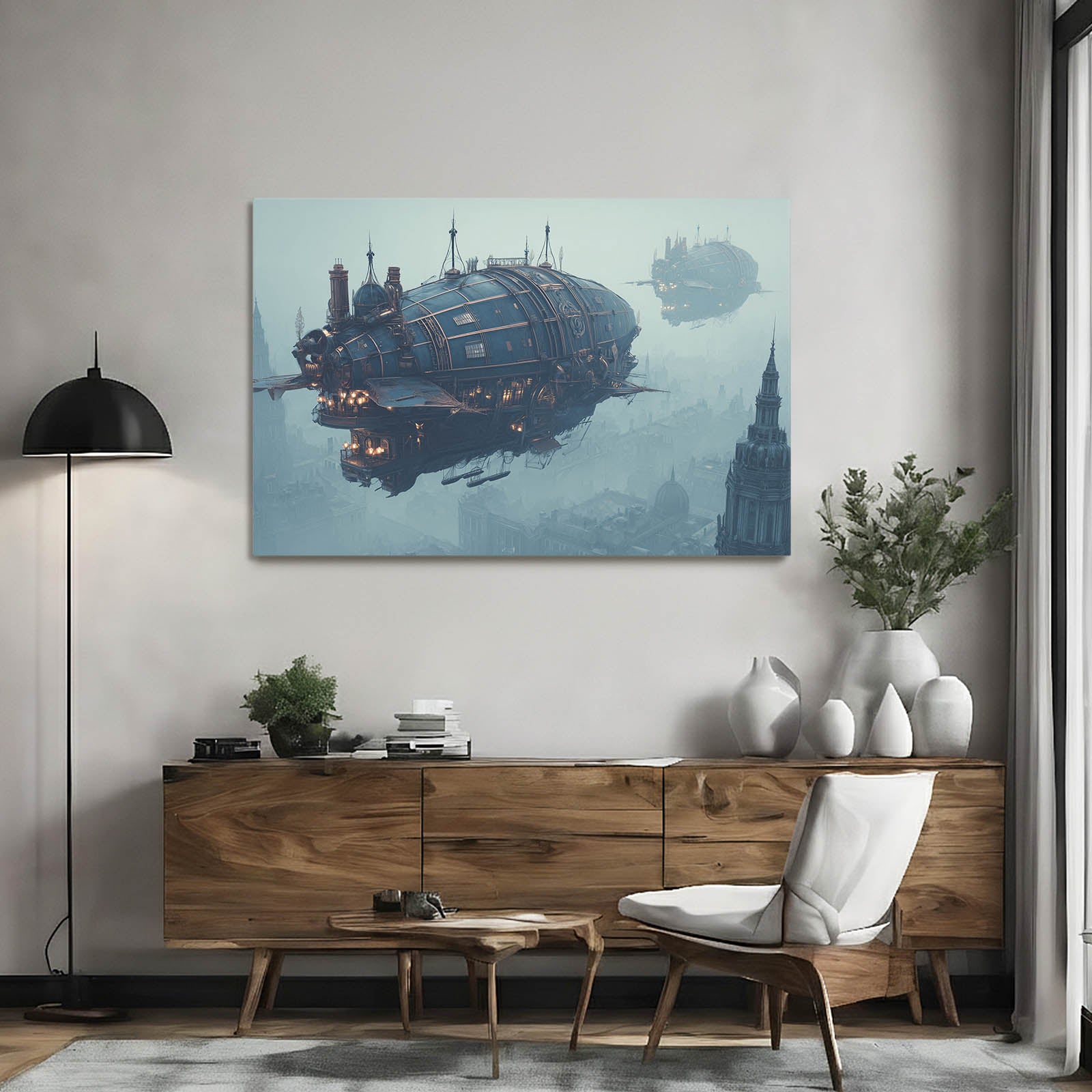 Blue Airship Harbor Steampunk Prints – styled in a furnished interior