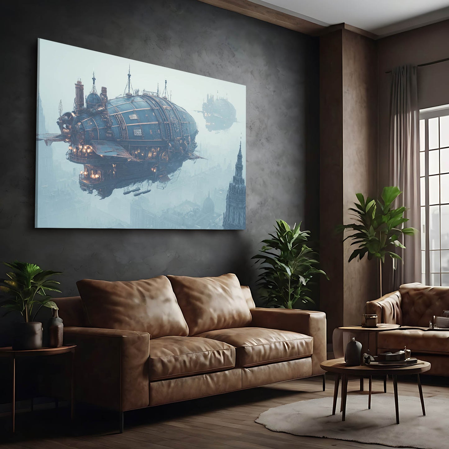 Blue Airship Harbor Steampunk Prints – styled in a furnished interior