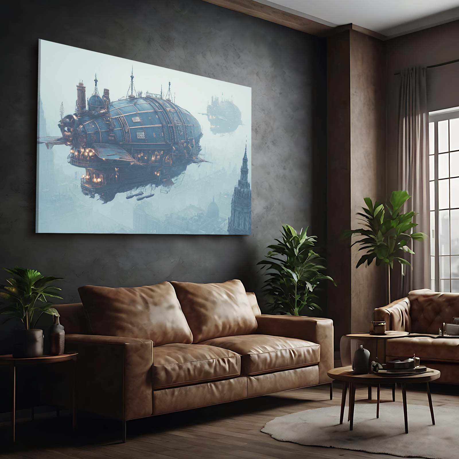 Blue Airship Harbor Steampunk Prints – styled in a furnished interior