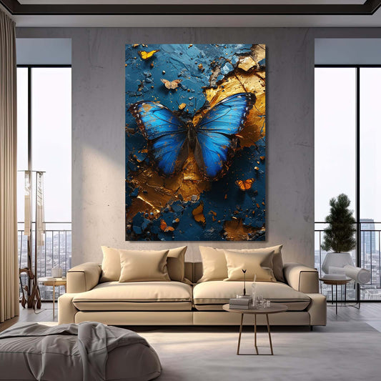 Blue And Gold Butterfly Wall Art — 3d canvas print in blue tones, view 3