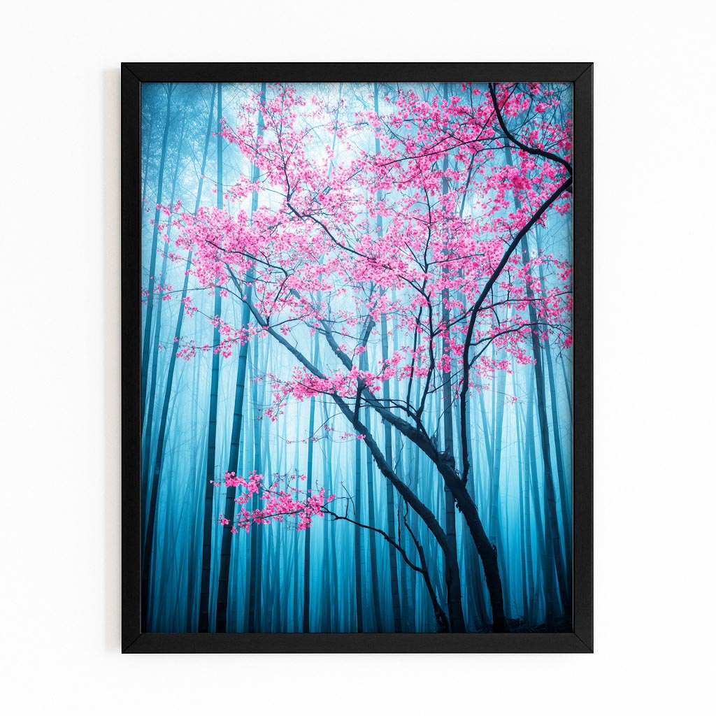 Blue Bamboo Grove Cherry Blossom Wall Art – with Premium Black frame on white background