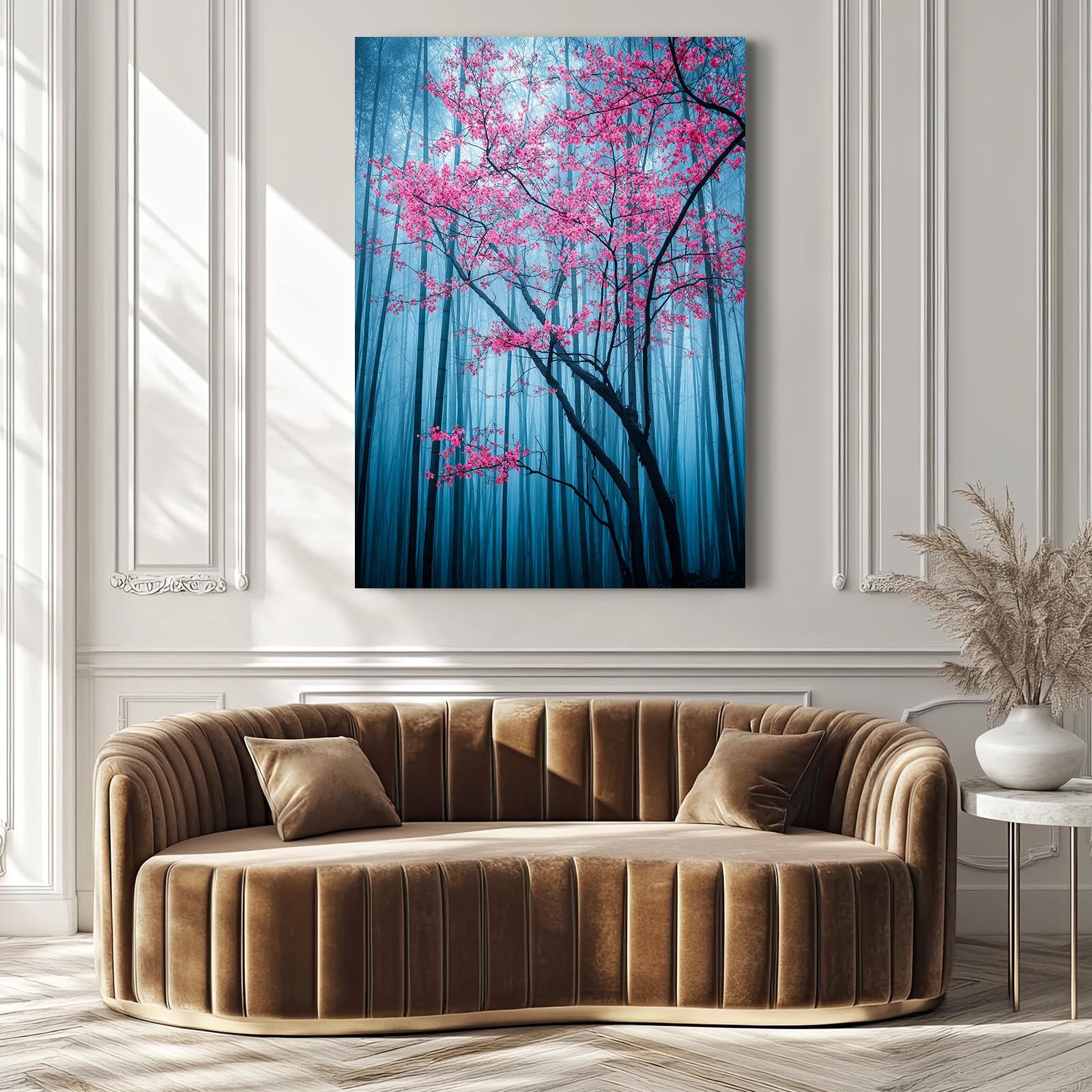 Blue Bamboo Grove Cherry Blossom Wall Art – styled in a furnished interior