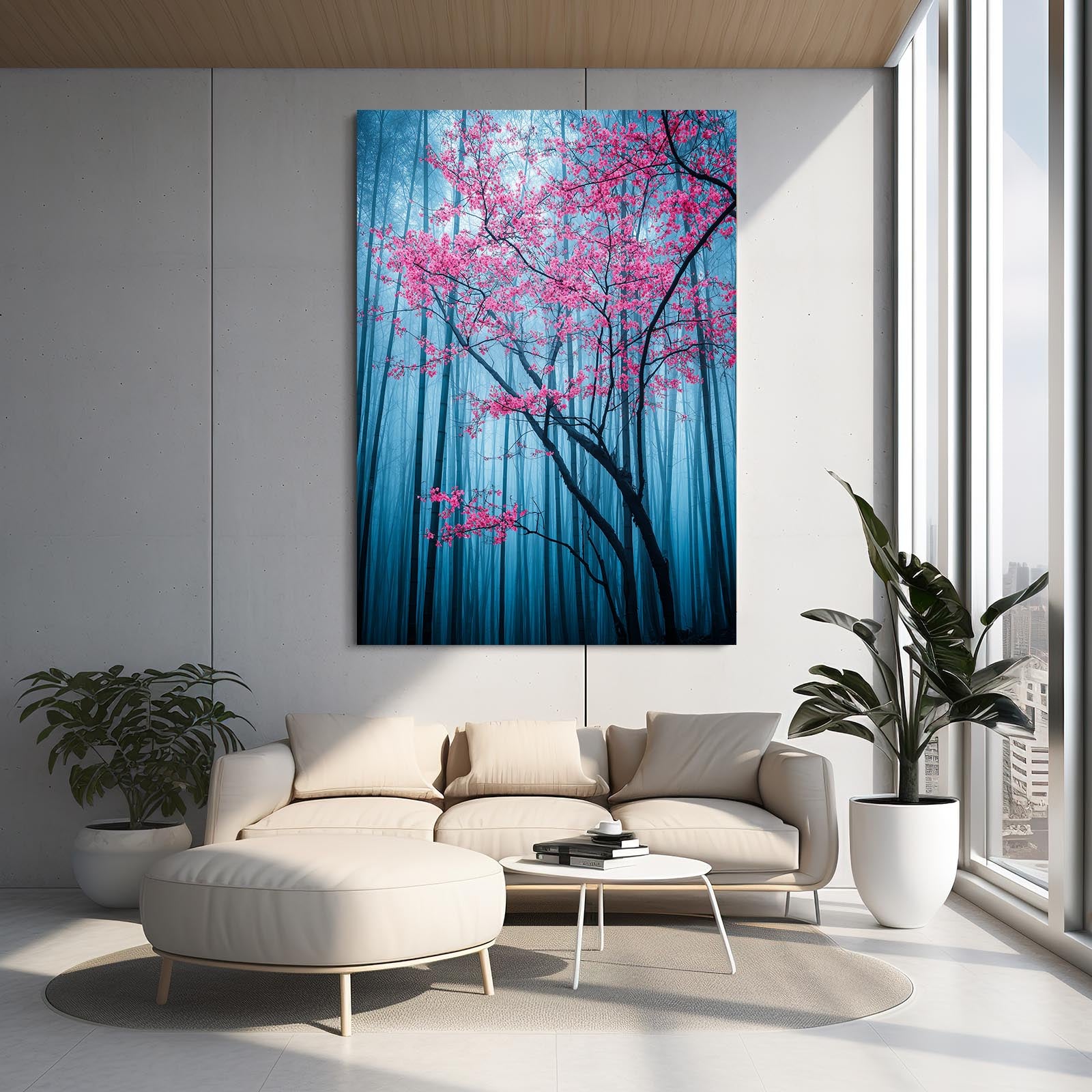 Blue Bamboo Grove Cherry Blossom Wall Art – styled in a furnished interior