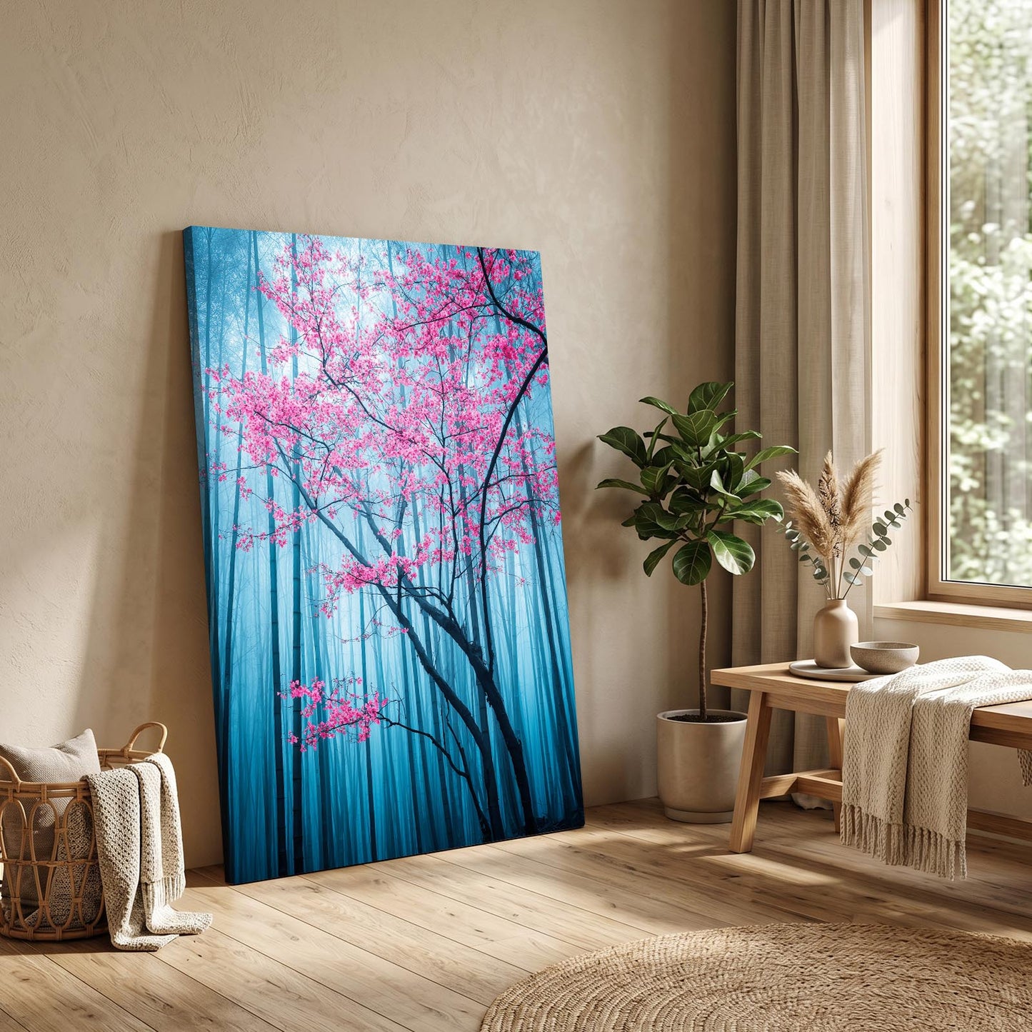Blue Bamboo Grove Cherry Blossom Wall Art – styled in a furnished interior