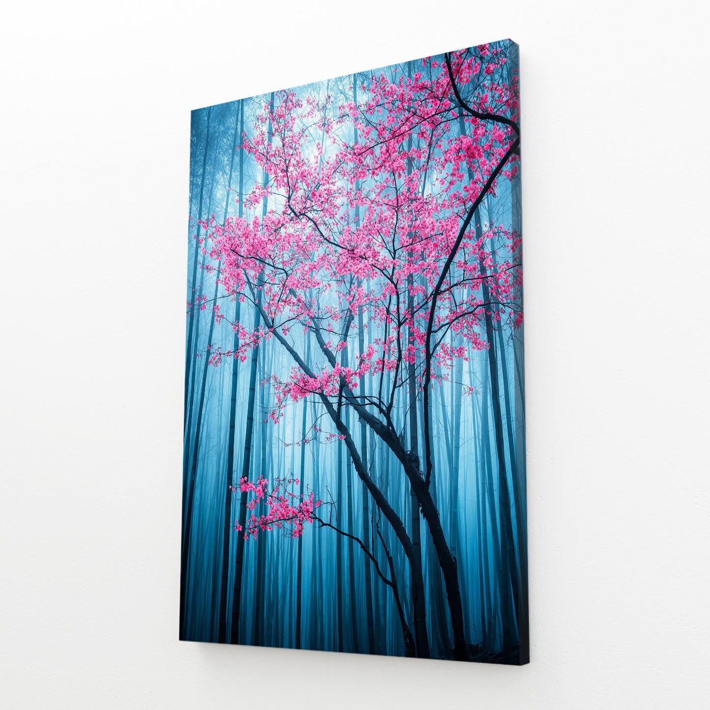 Blue Bamboo Grove Cherry Blossom Wall Art – angled canvas view on white background