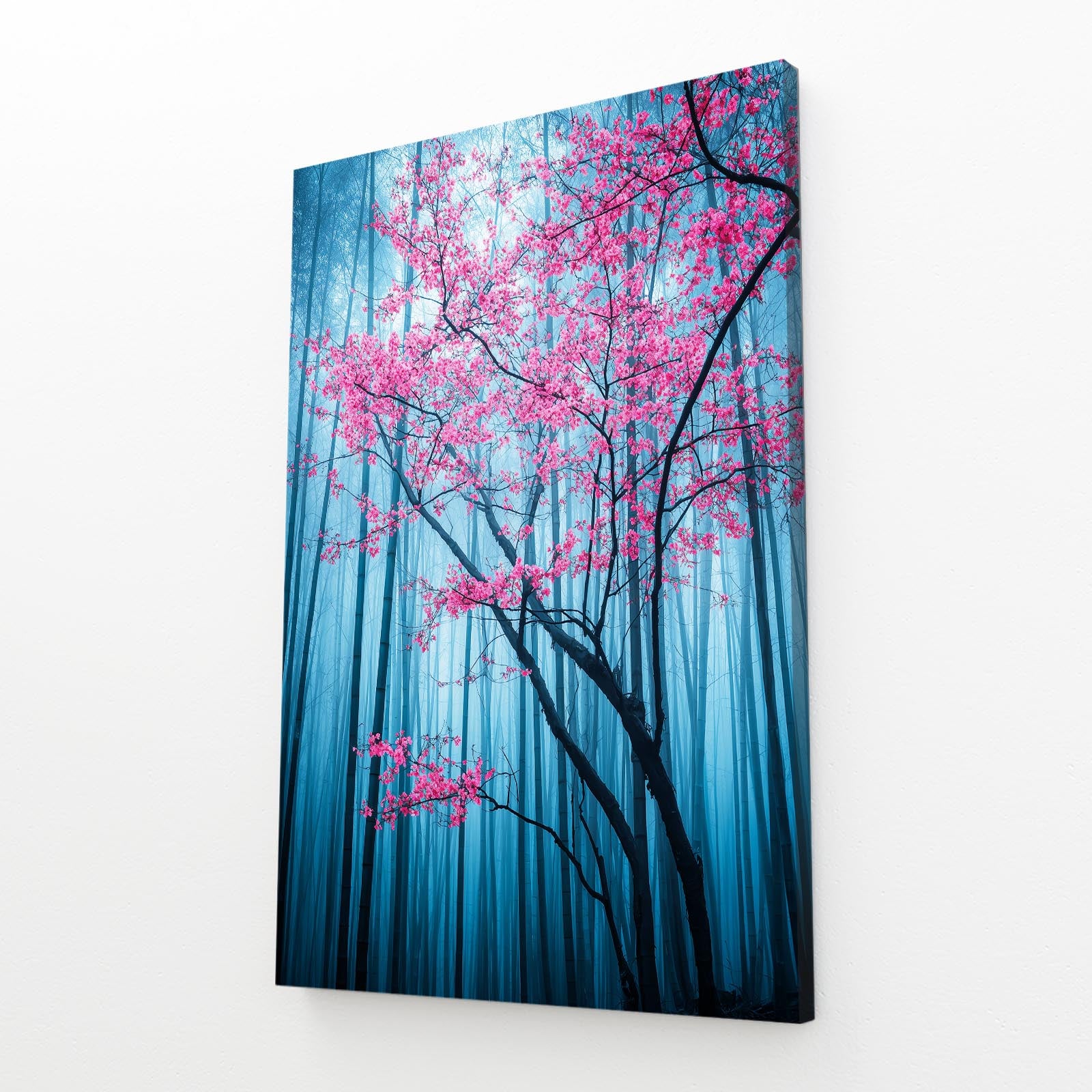 Blue Bamboo Grove Cherry Blossom Wall Art – angled canvas view on white background