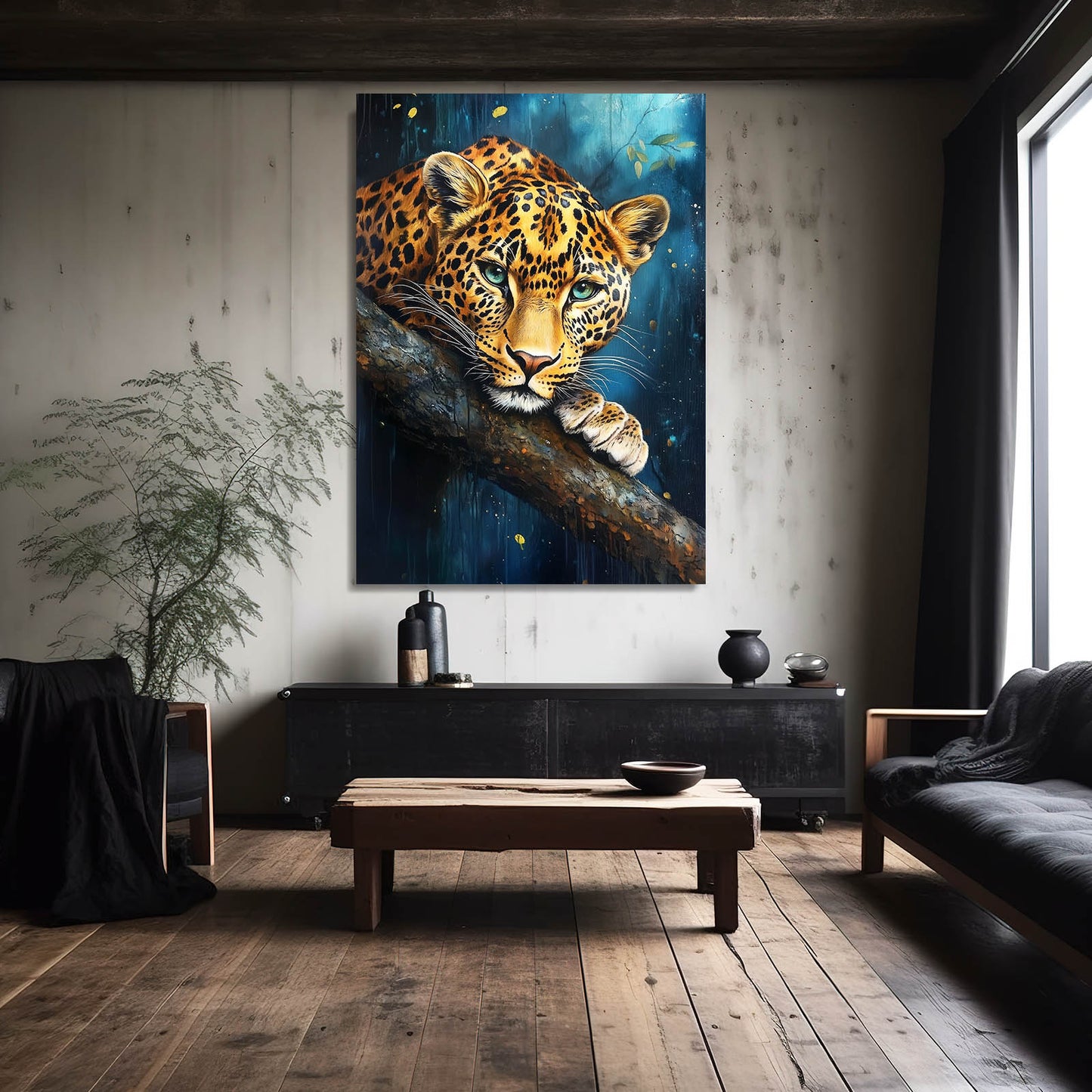 Blue Branch Repose Leopard Art – styled in a furnished interior