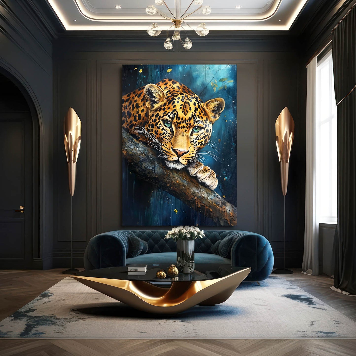 Blue Branch Repose Leopard Art – styled in a furnished interior