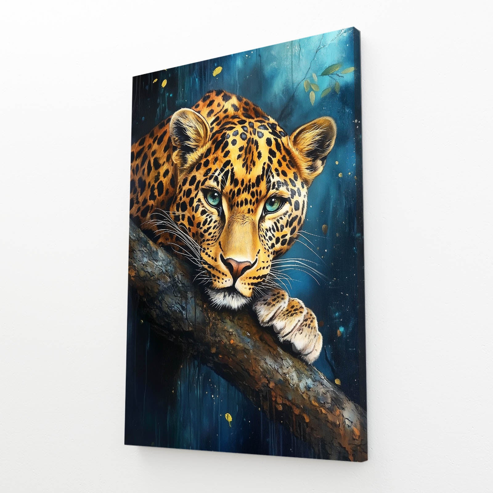 Blue Branch Repose Leopard Art – angled canvas view on white background