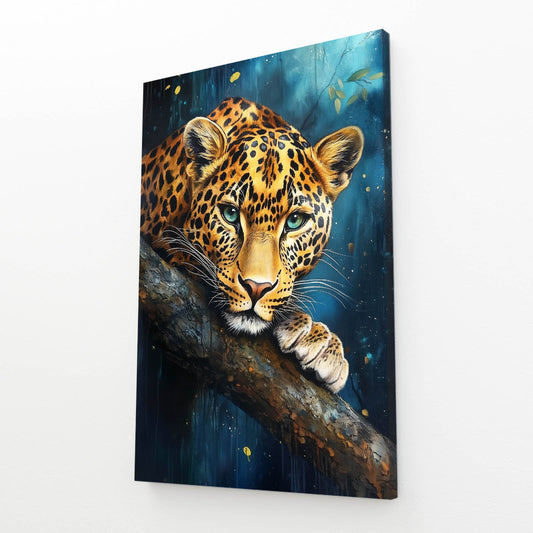 Blue Branch Repose Leopard Art – angled canvas view on white background