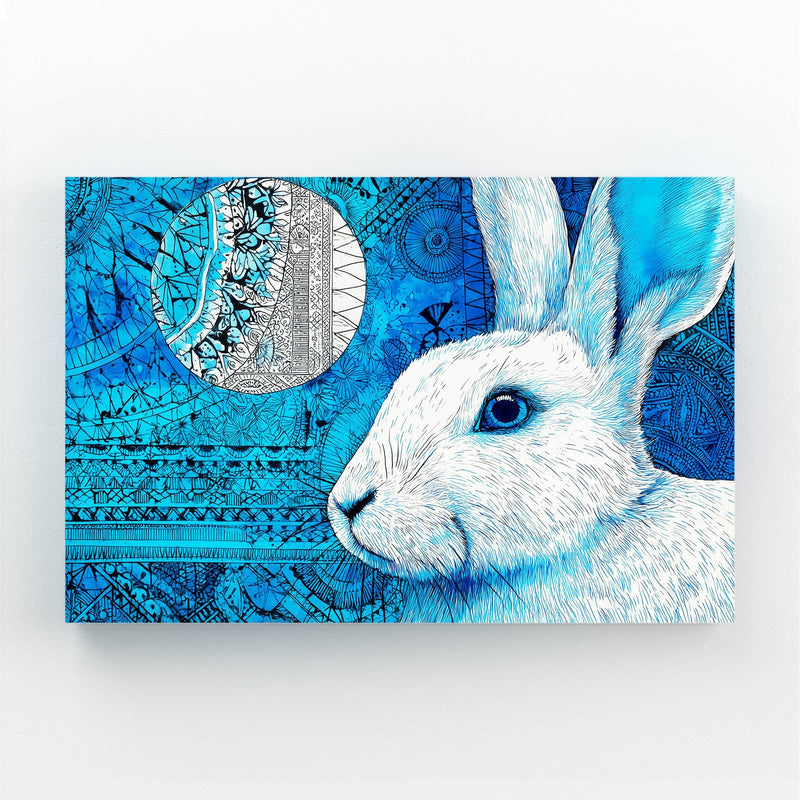 Blue Bunny Art – angled canvas view on white background