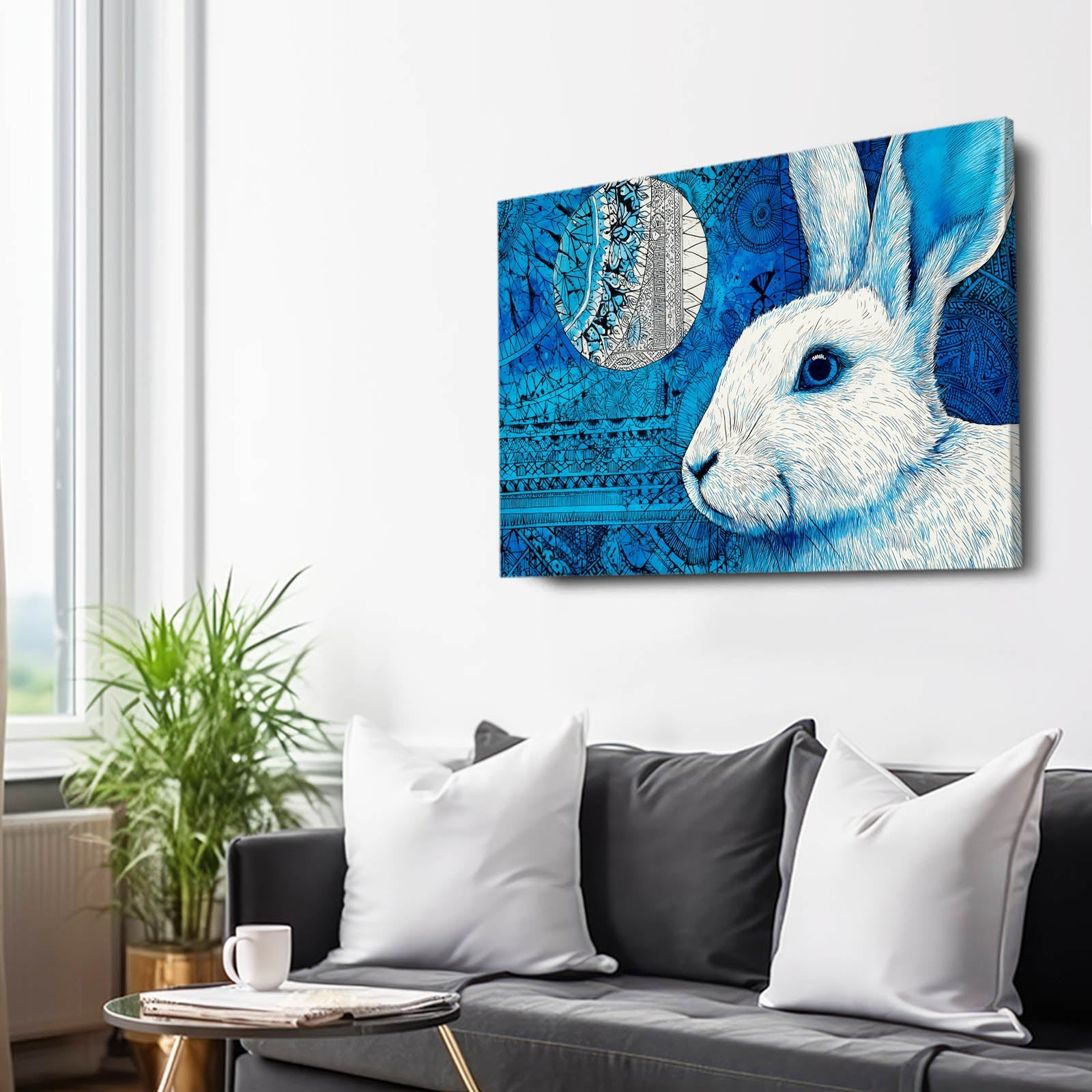 Blue Bunny Art – angled canvas view on white background