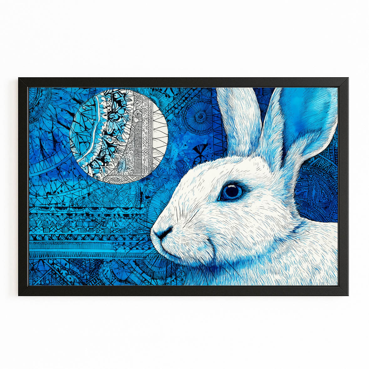 Blue Bunny Art – with Premium Black frame on white background
