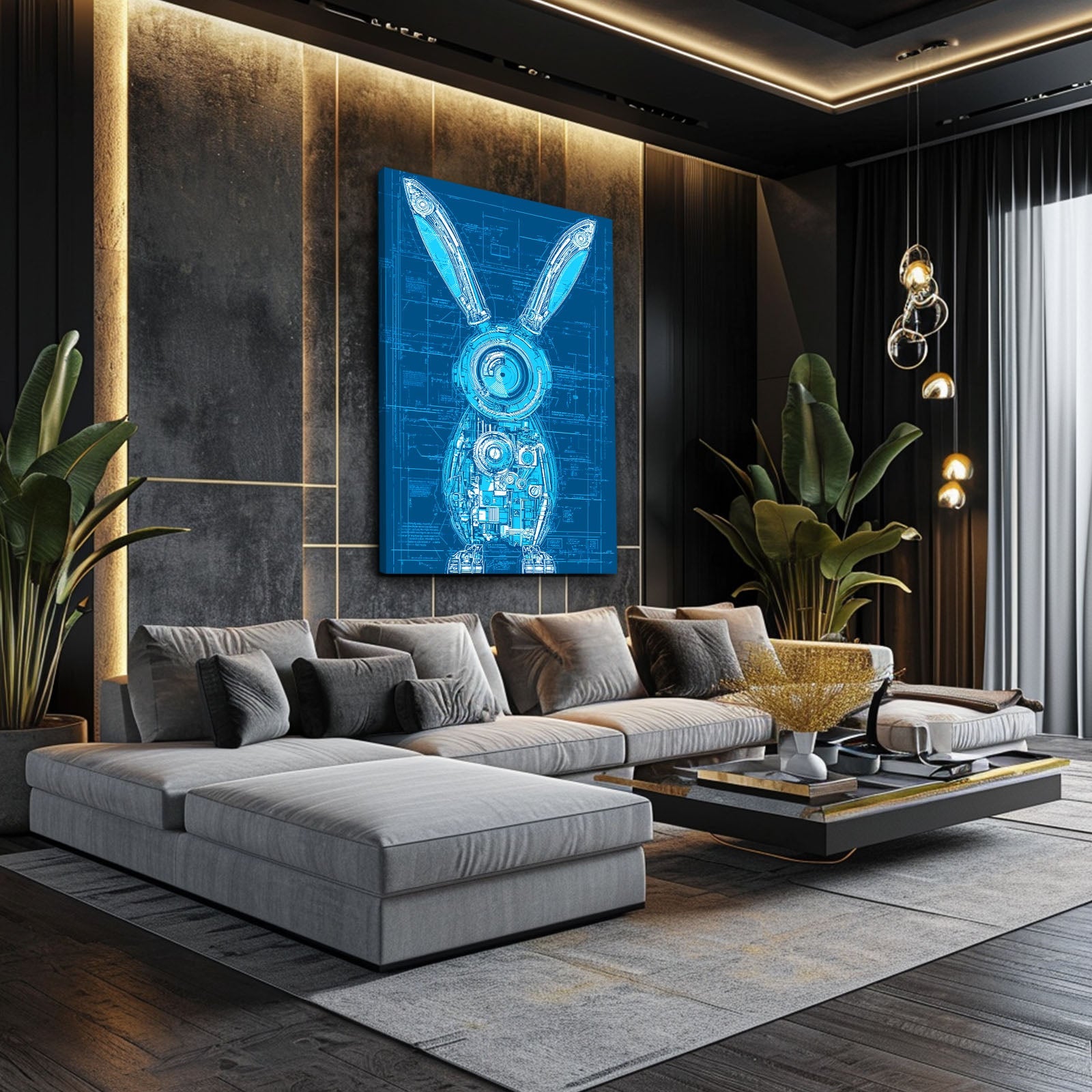 Blue Bunny Prints – angled canvas view on white background