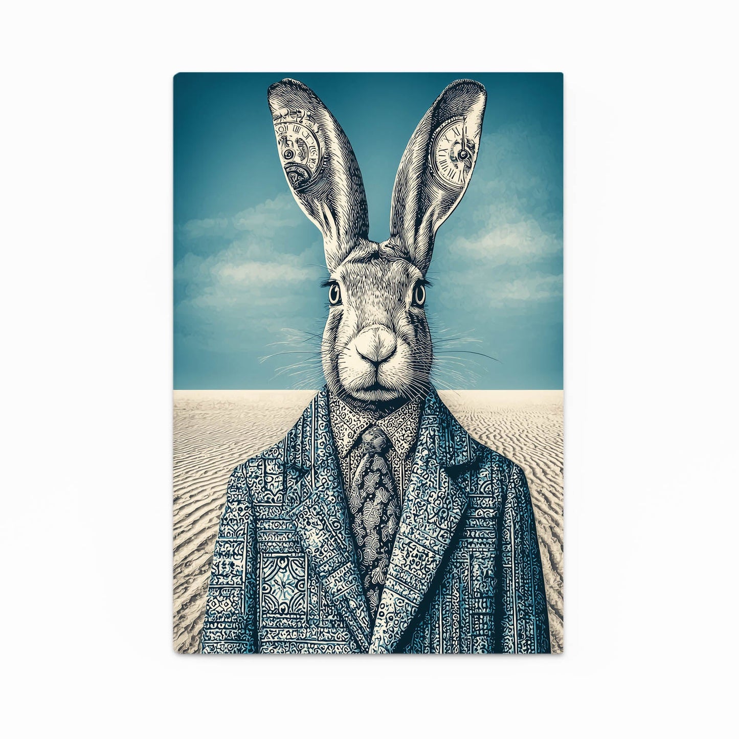 Blue Bunny Wall Art – angled canvas view on white background