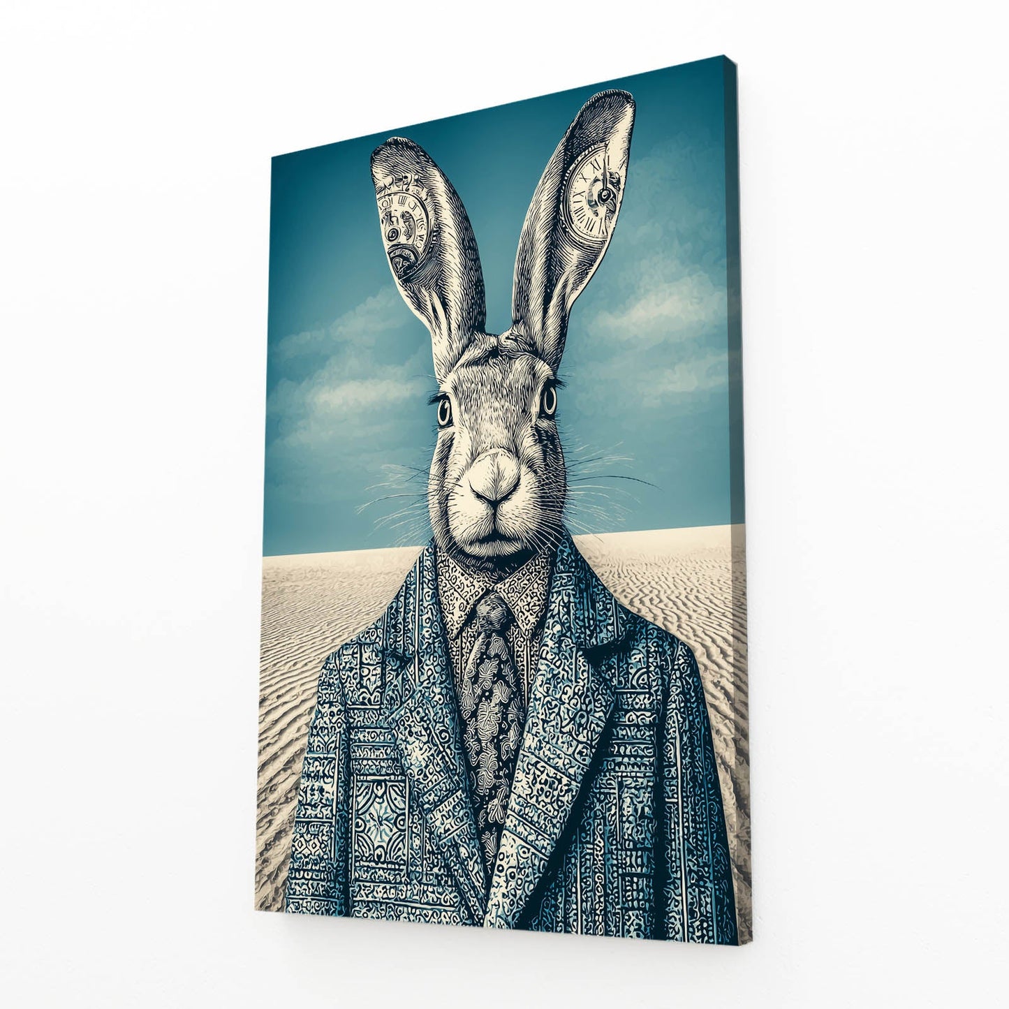 Blue Bunny Wall Art – angled canvas view on white background