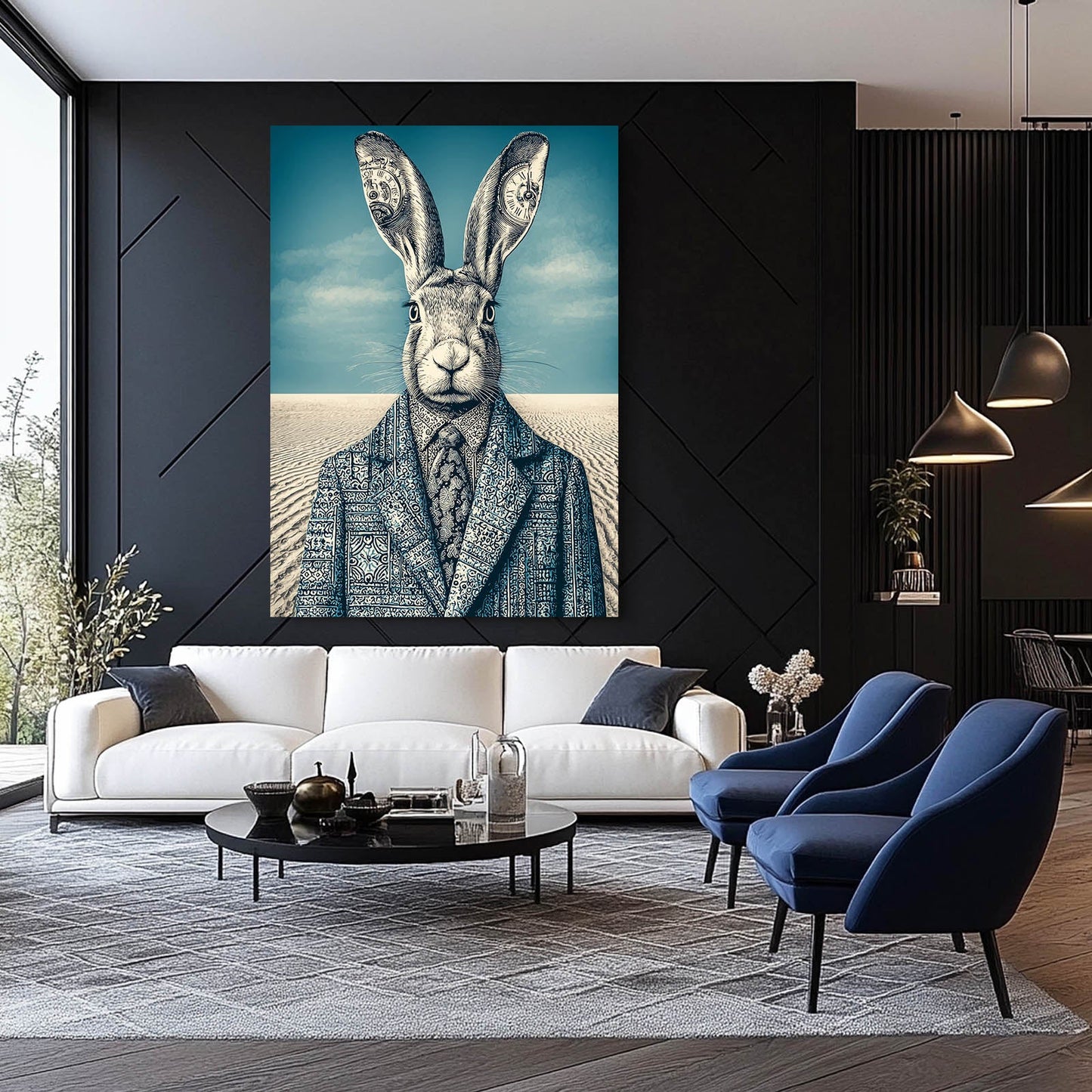 Blue Bunny Wall Art – angled canvas view on white background