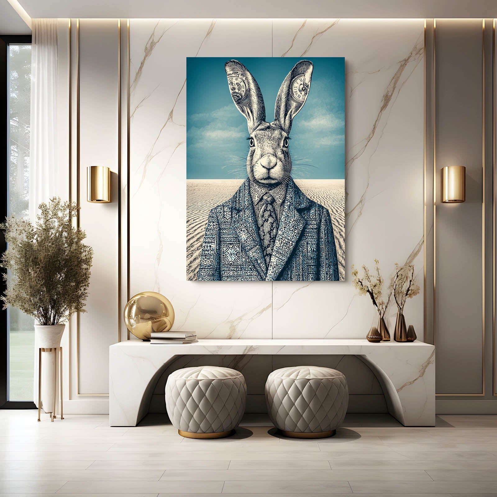 Blue Bunny Wall Art – angled canvas view on white background
