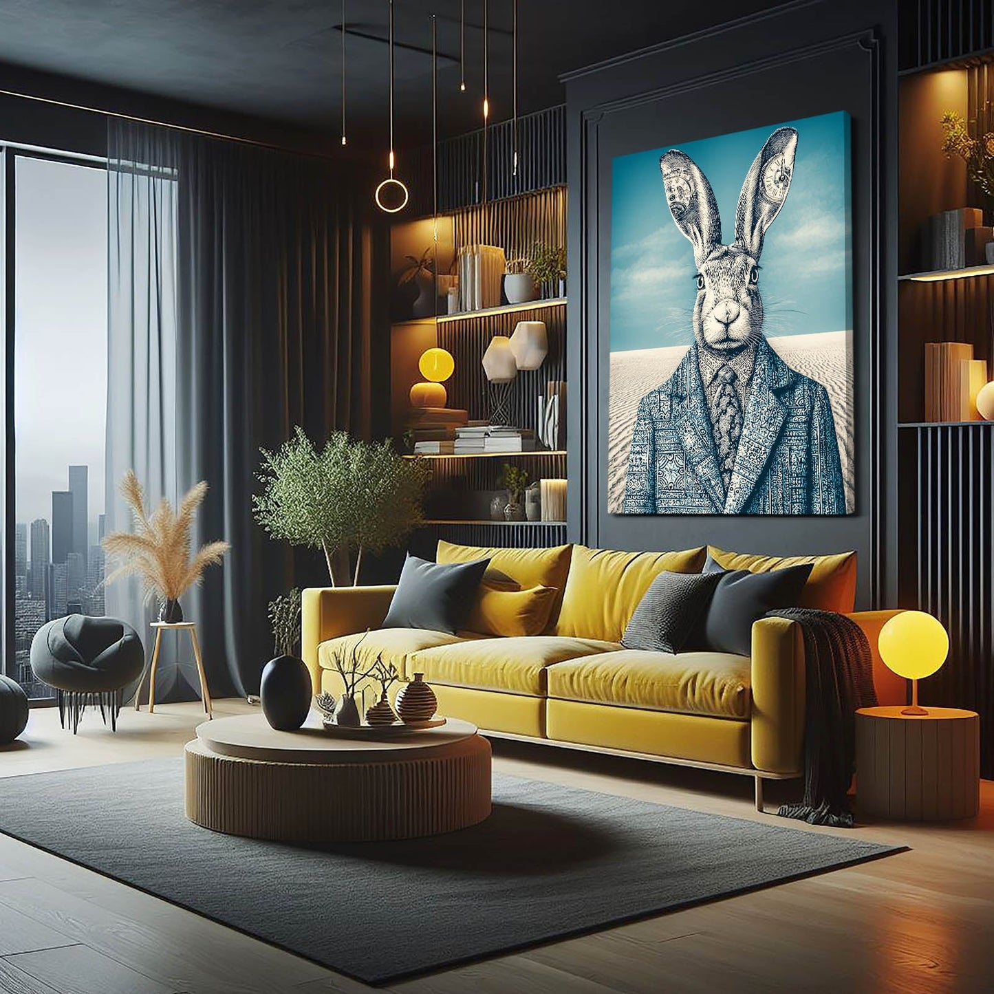 Blue Bunny Wall Art – angled canvas view on white background