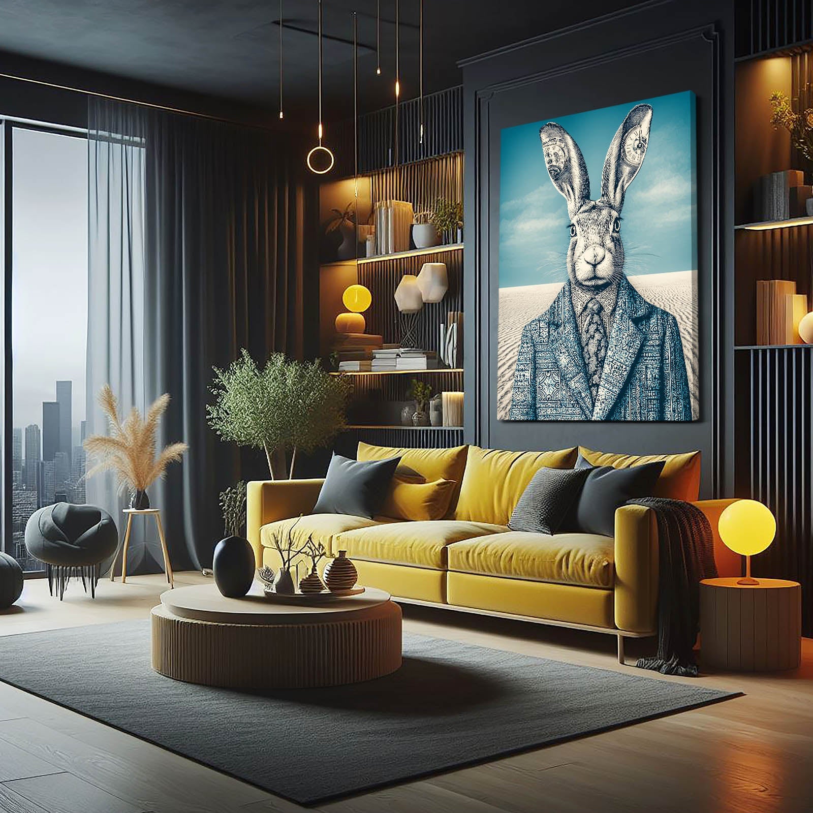 Blue Bunny Wall Art – angled canvas view on white background
