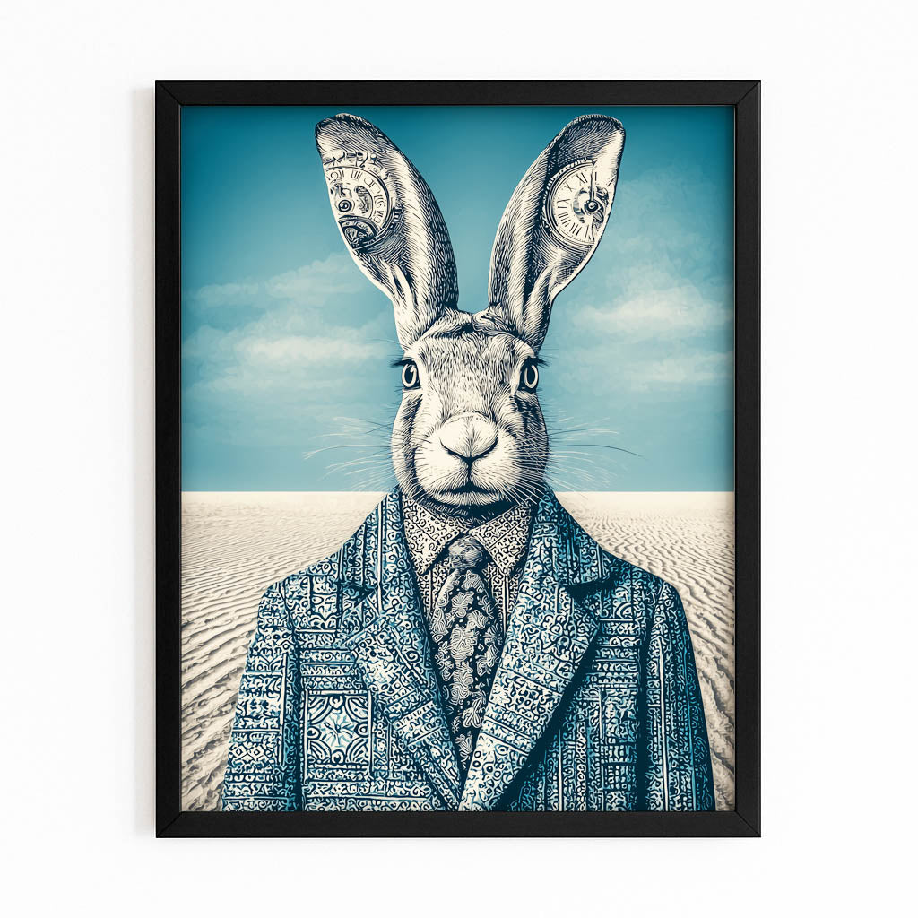Blue Bunny Wall Art – with Premium Black frame on white background