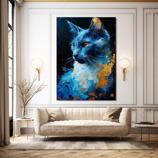 Blue Cat Canvas Art — abstract canvas print in blue tones, view 3