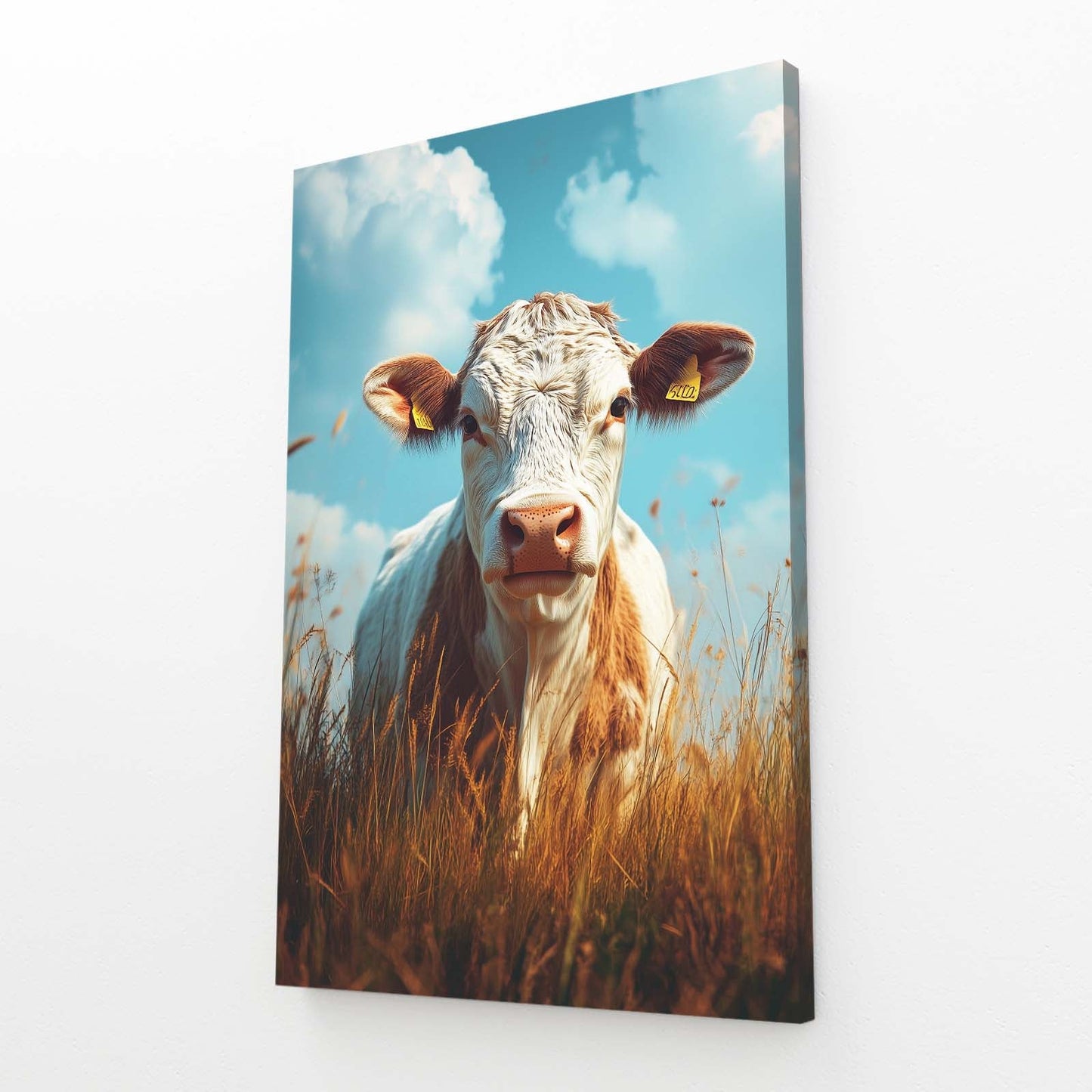 Blue Cow Wall Art – angled canvas view on white background