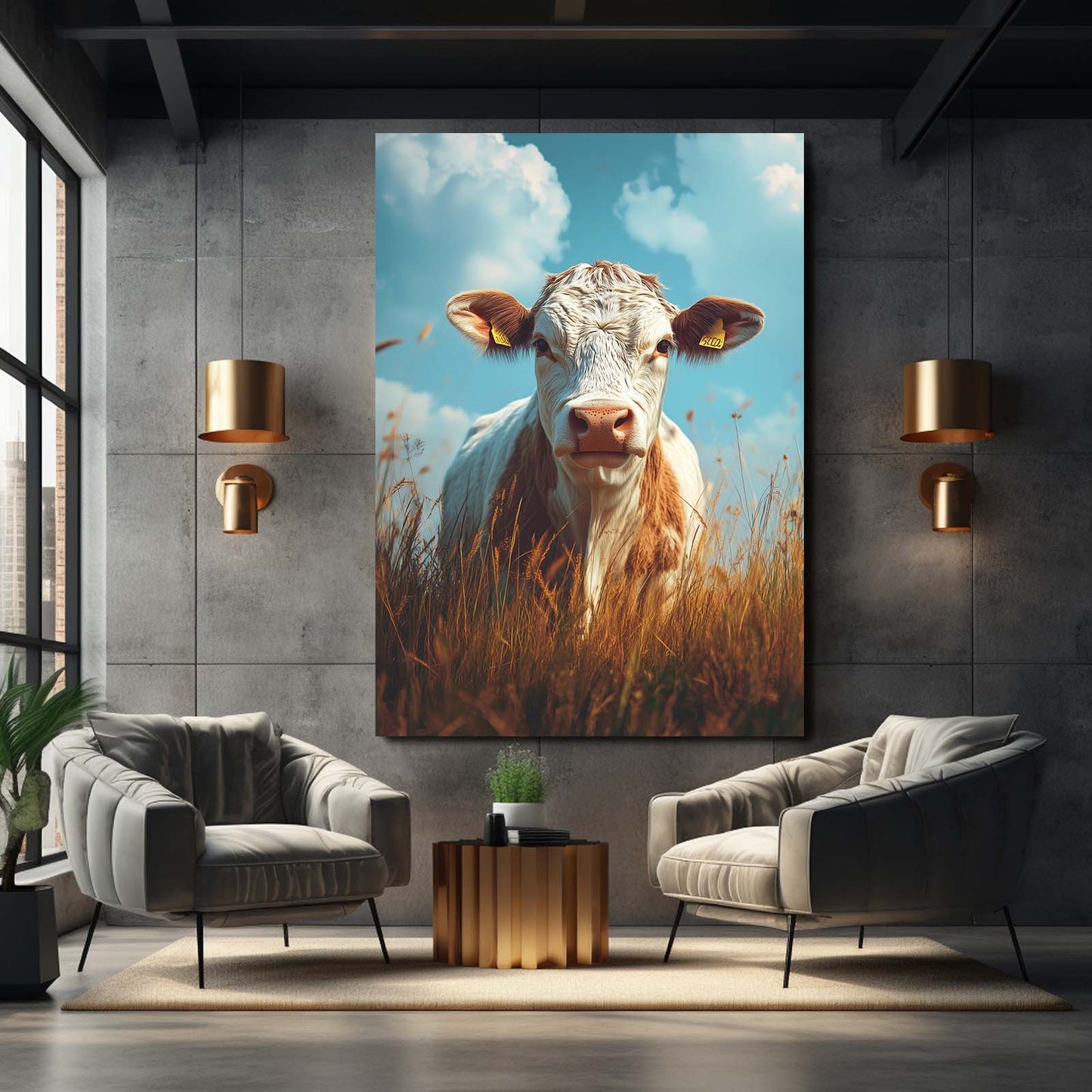 Blue Cow Wall Art – angled canvas view on white background