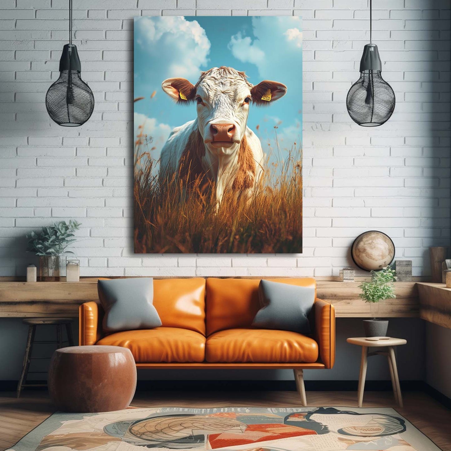 Blue Cow Wall Art – angled canvas view on white background