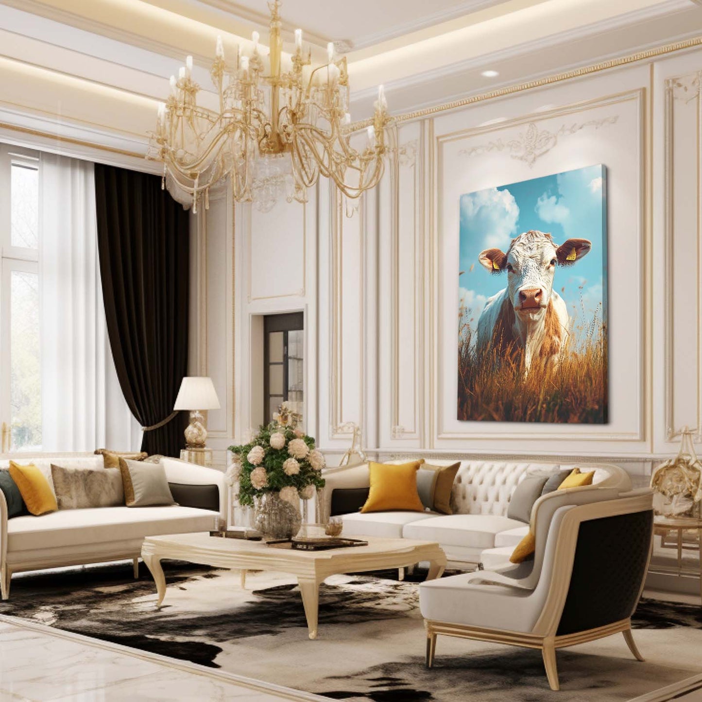 Blue Cow Wall Art – angled canvas view on white background