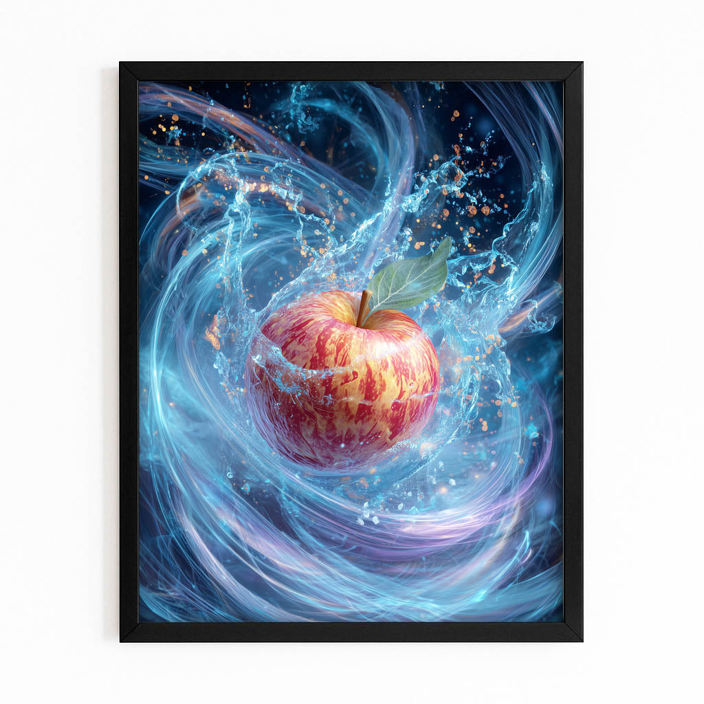 Blue Energy Swirl Apple Wall Decor – with Premium Black frame on white background