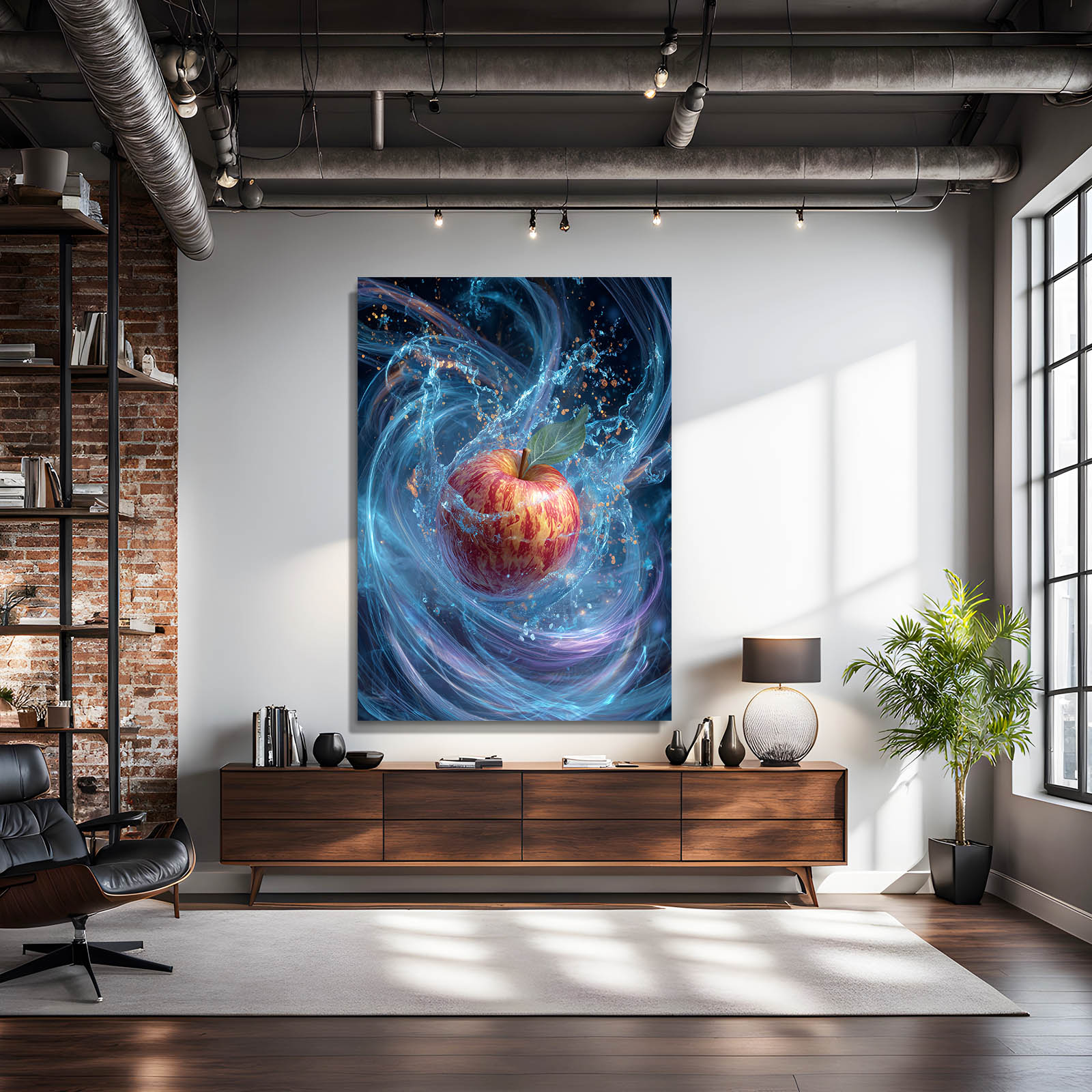 Blue Energy Swirl Apple Wall Decor – styled in a furnished interior