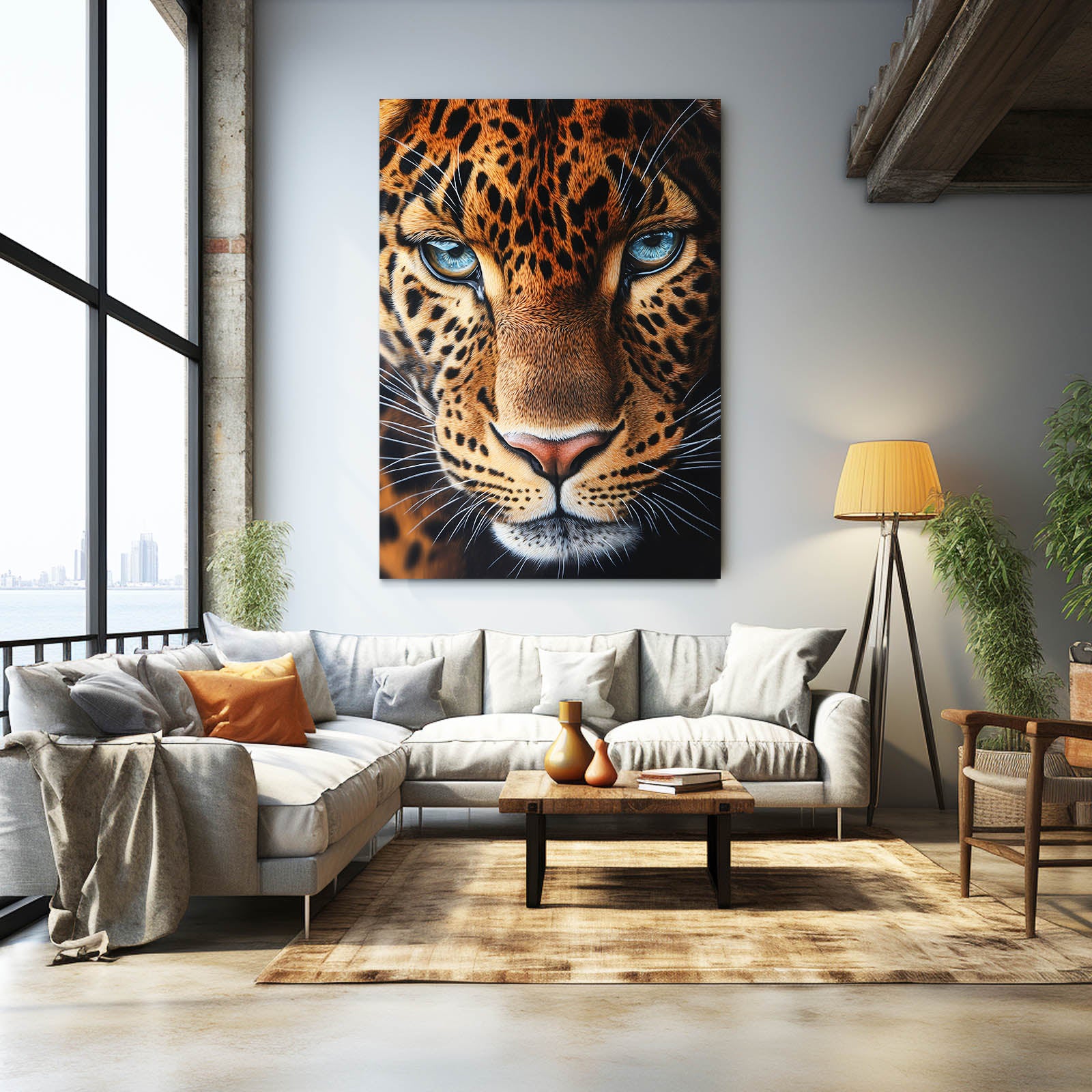 Blue-Eyed Gaze Leopard Canvas Art – styled in a furnished interior