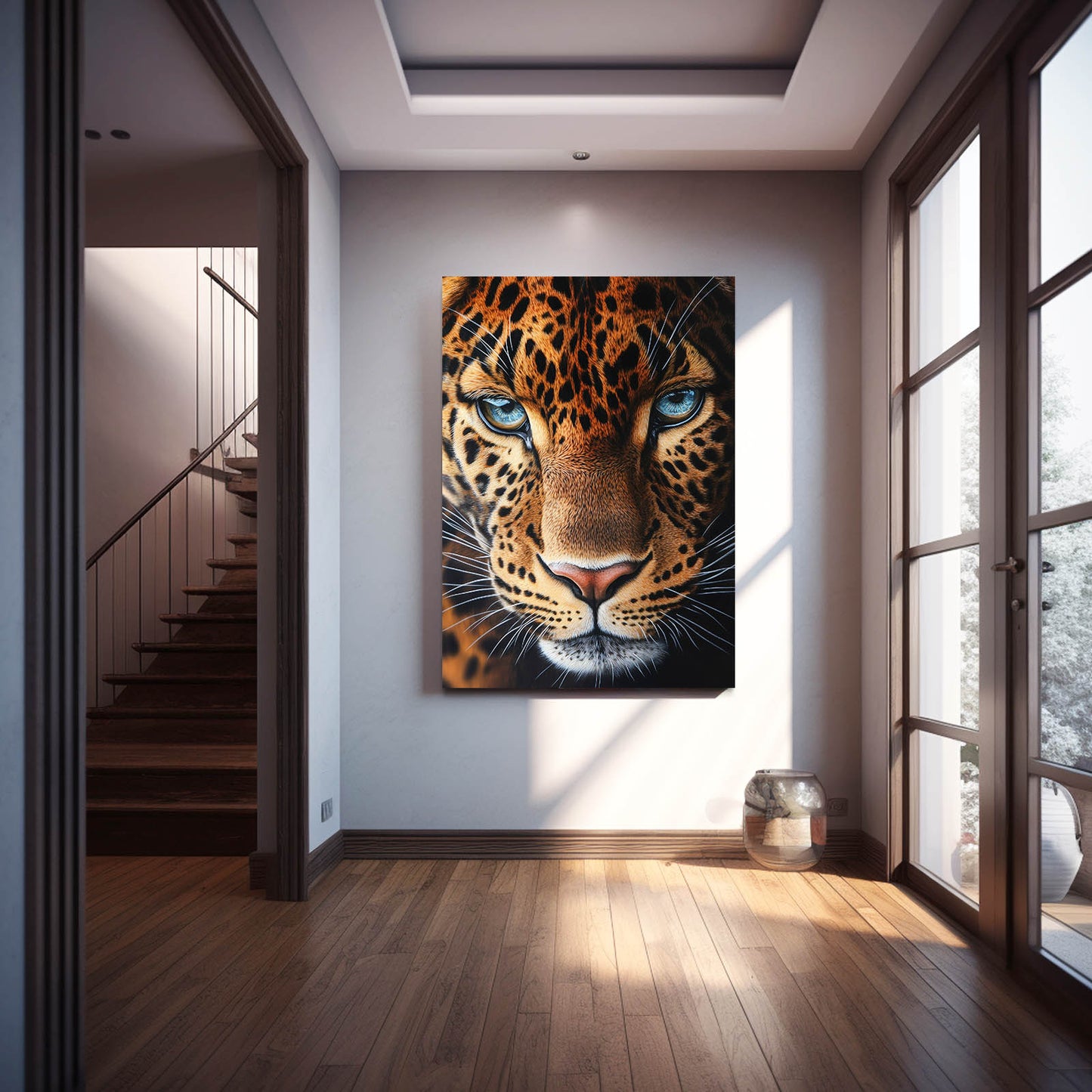 Blue-Eyed Gaze Leopard Canvas Art – styled in a furnished interior