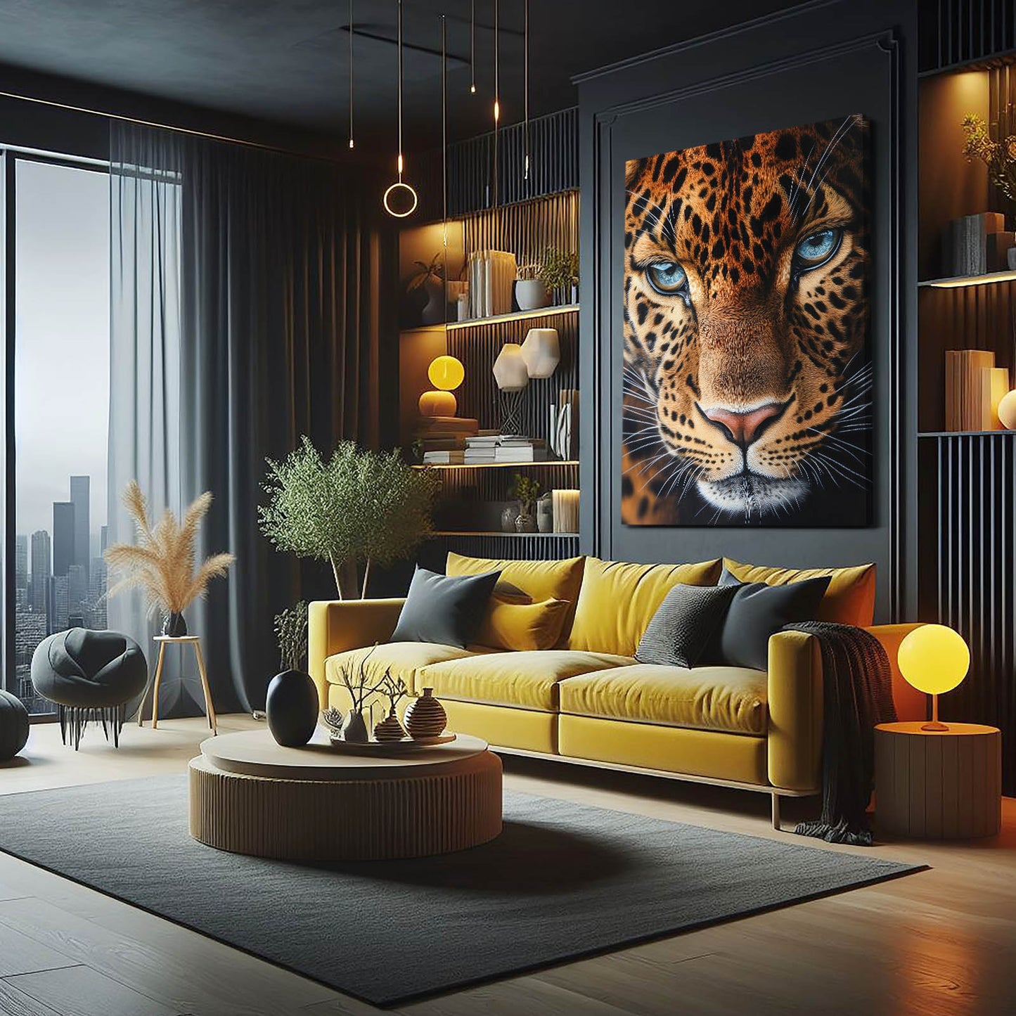 Blue-Eyed Gaze Leopard Canvas Art – styled in a furnished interior