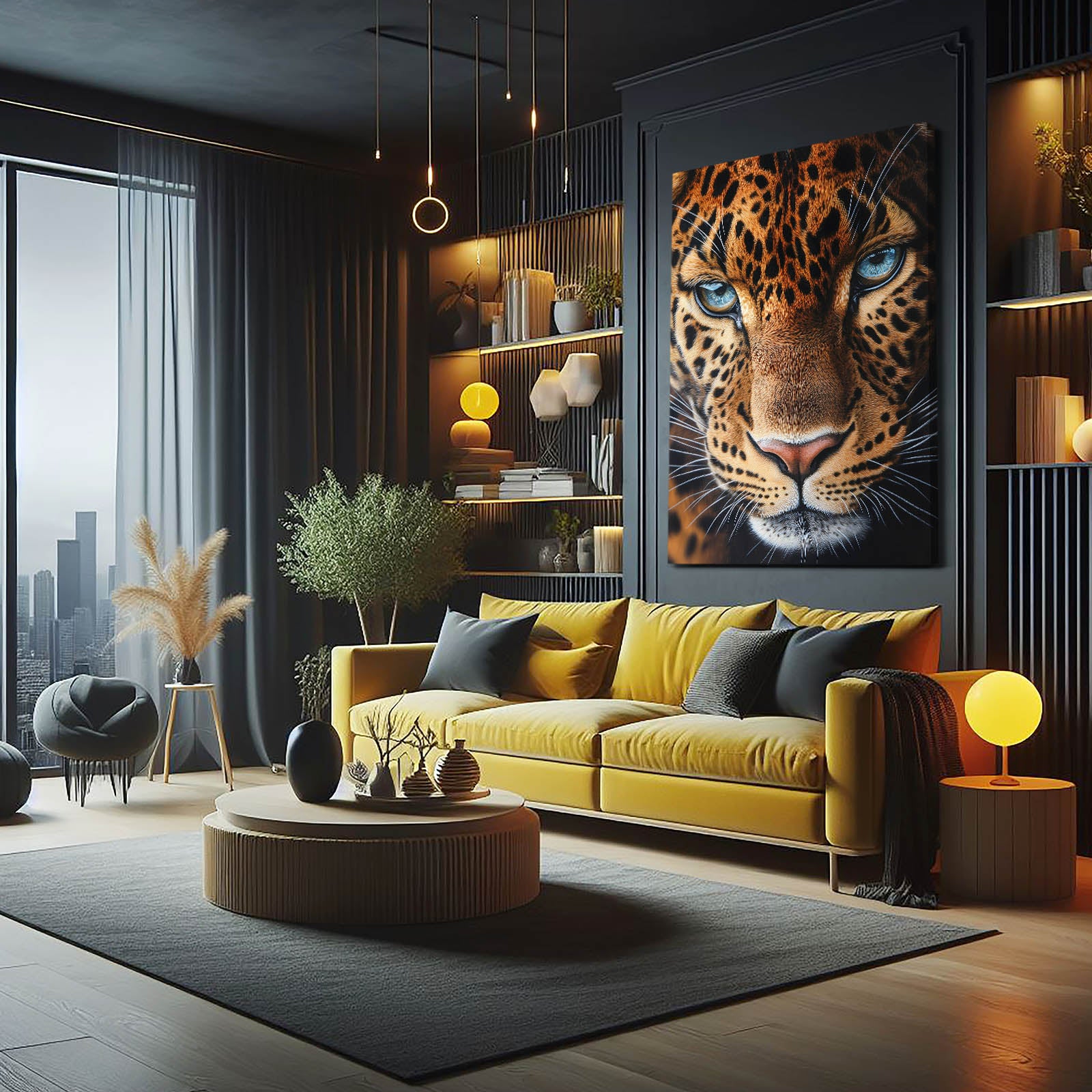 Blue-Eyed Gaze Leopard Canvas Art – styled in a furnished interior