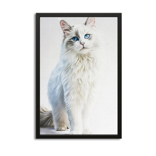 Blue-Eyed Majesty Cat Wall Art — digital canvas print in white tones, with Premium Black frame on white background