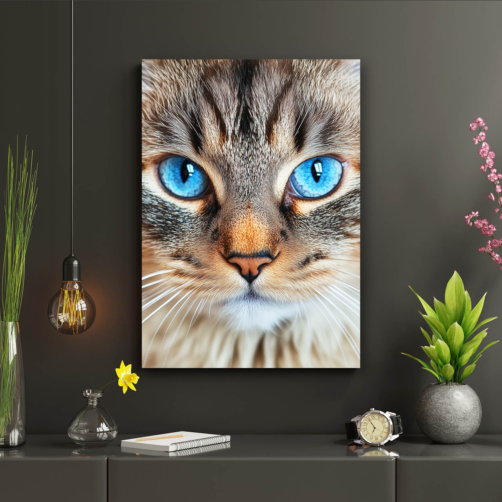 Blue Eyed Tabby Cat Canvas Art — photography canvas print, styled in a furnished interior