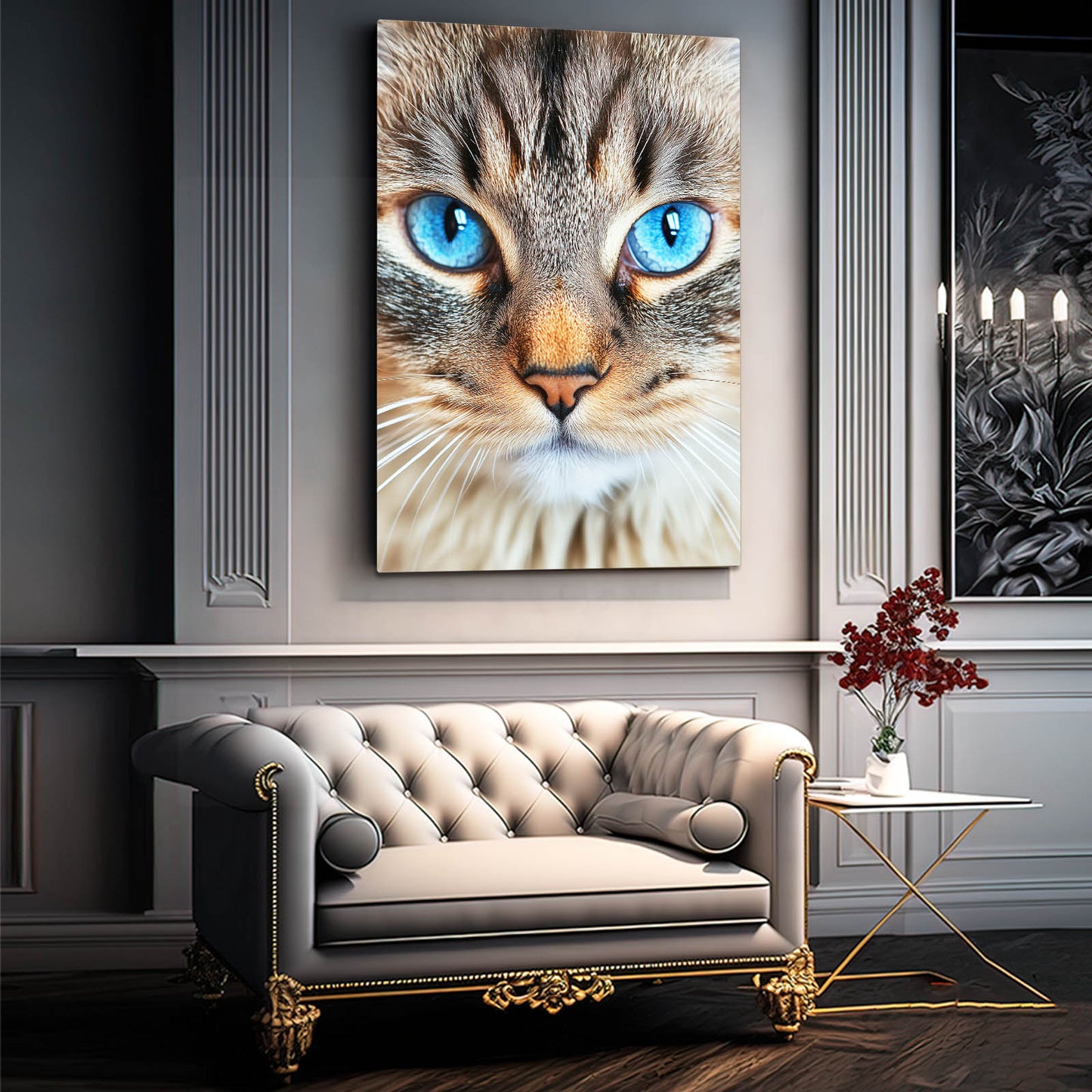 Blue Eyed Tabby Cat Canvas Art — photography canvas print, styled in a furnished interior