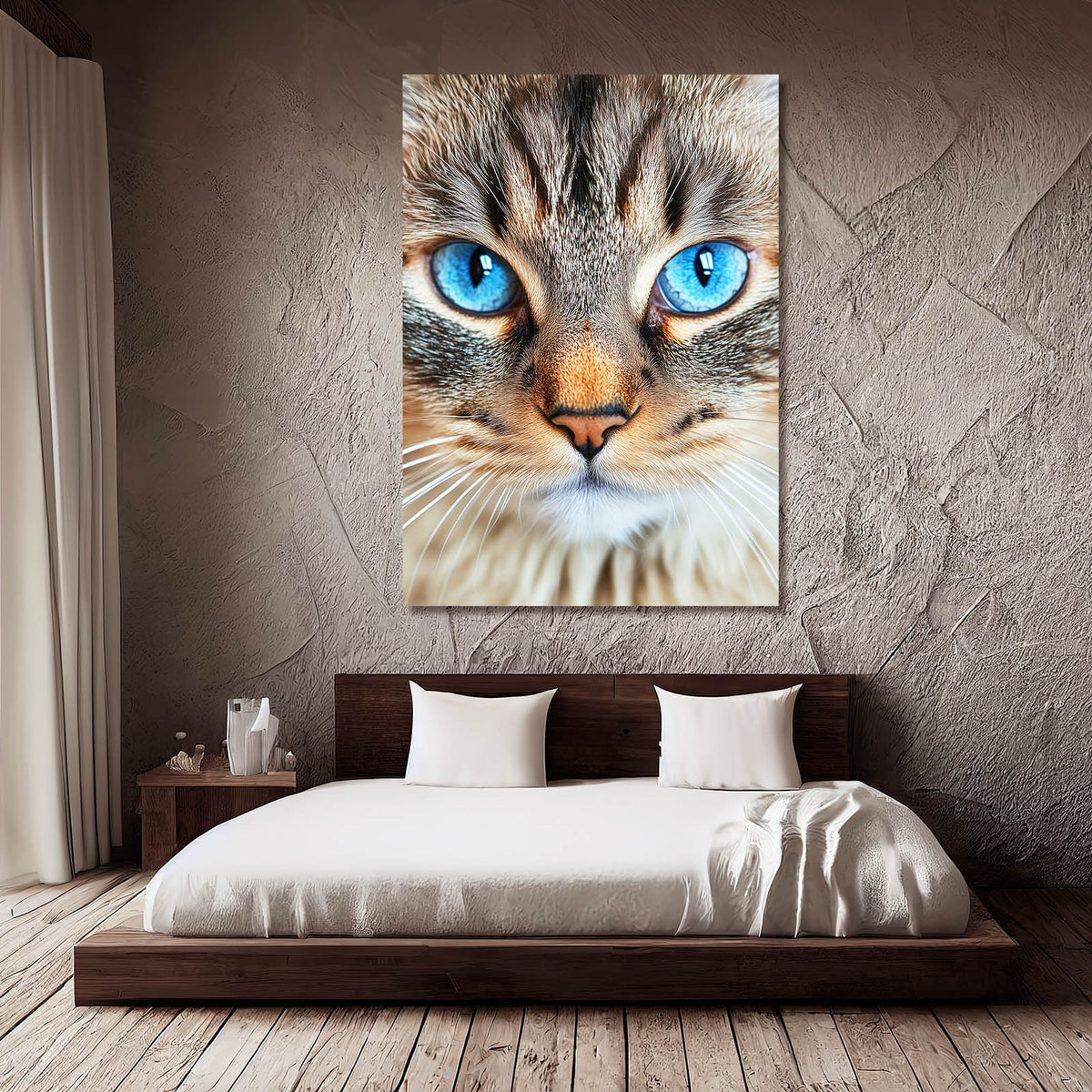 Blue Eyed Tabby Cat Canvas Art — photography canvas print, styled in a furnished interior