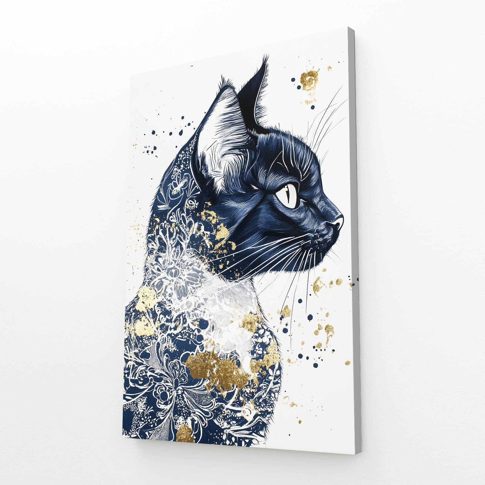 Blue Floral Splatter Cat Art