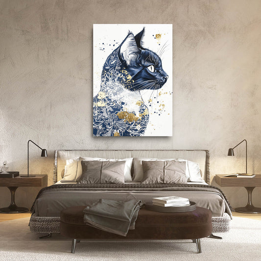 Blue Floral Splatter Cat Art — contemporary canvas print in white tones, view 3