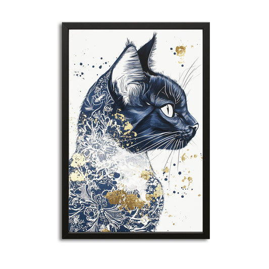 Blue Floral Splatter Cat Art — contemporary canvas print in white tones, with Premium Black frame on white background