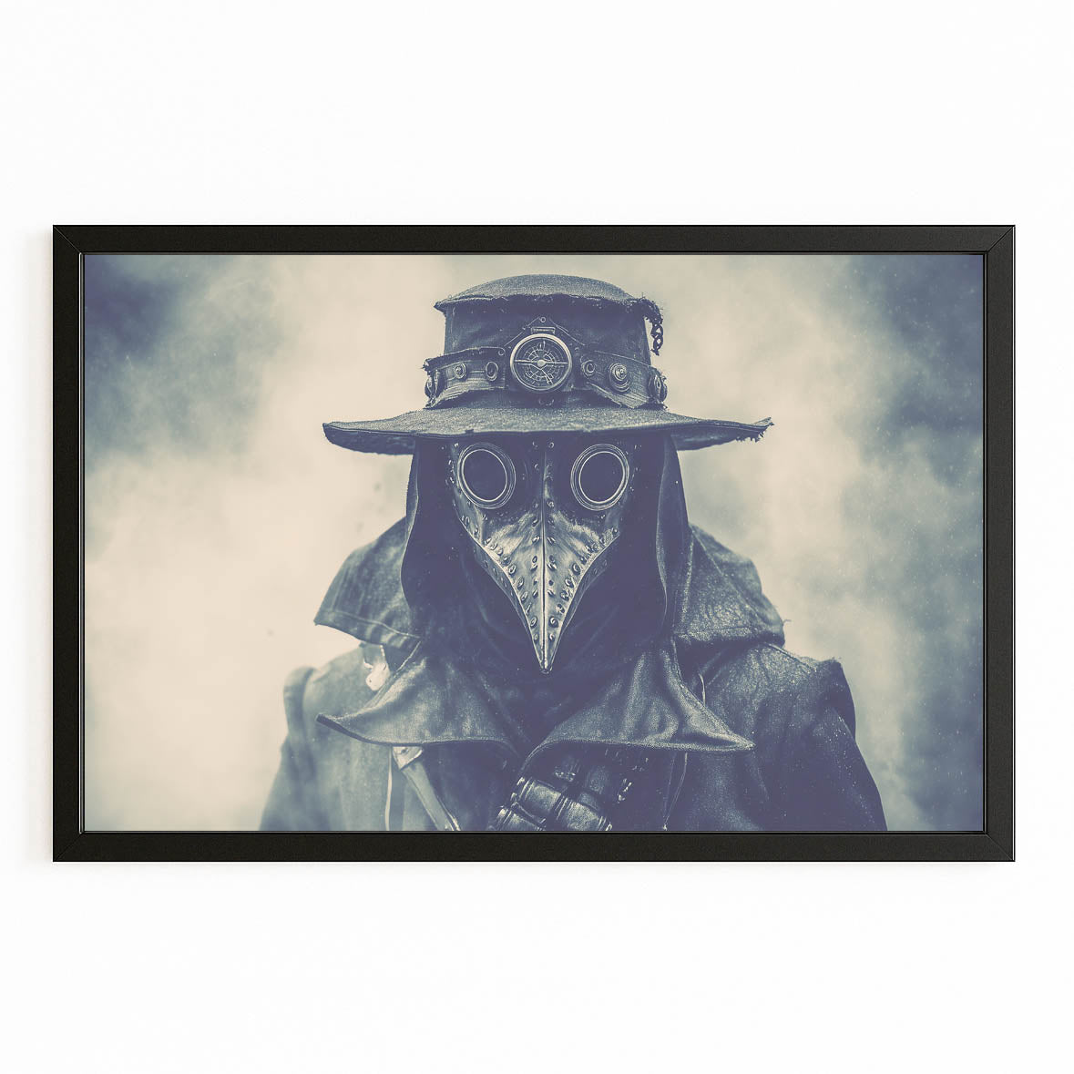 Blue Fog Plague Doctor Steampunk Prints – with Premium Black frame on white background