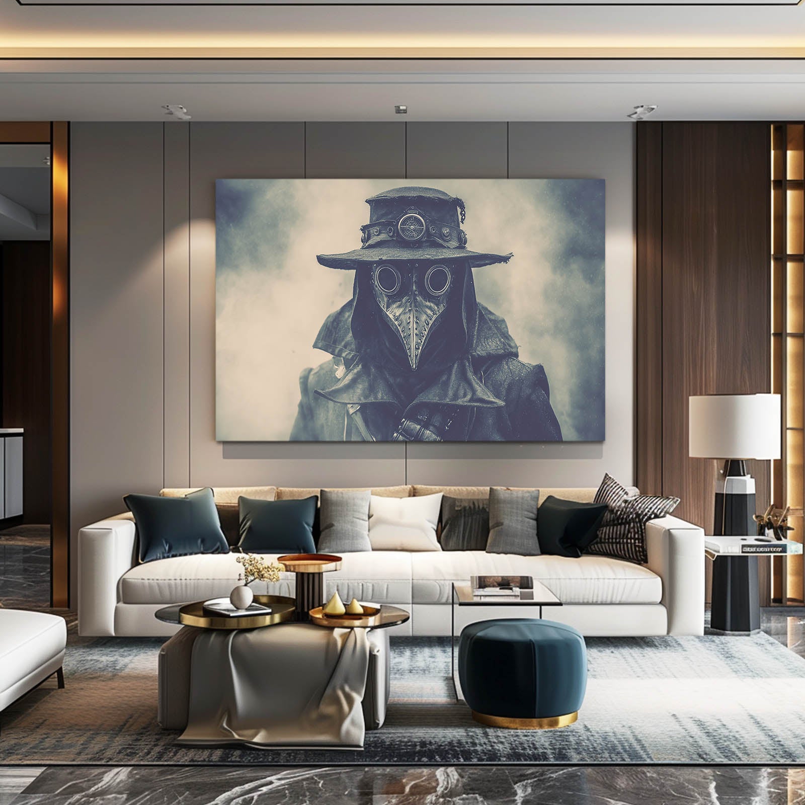 Blue Fog Plague Doctor Steampunk Prints – styled in a furnished interior