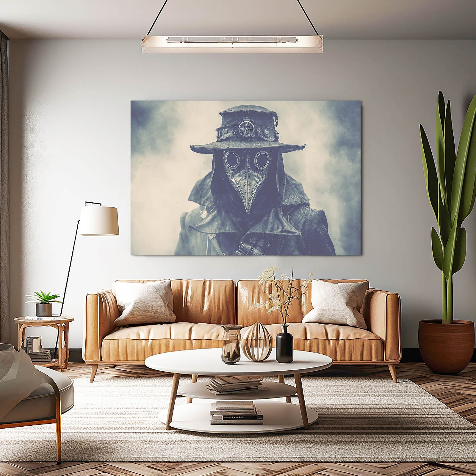 Blue Fog Plague Doctor Steampunk Prints – styled in a furnished interior