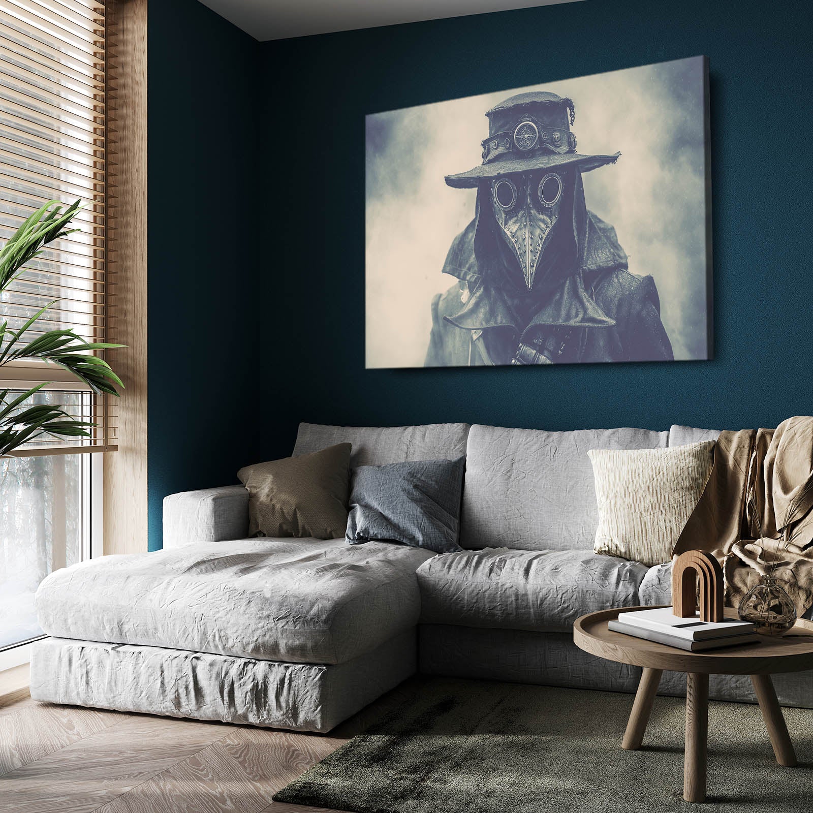 Blue Fog Plague Doctor Steampunk Prints – styled in a furnished interior
