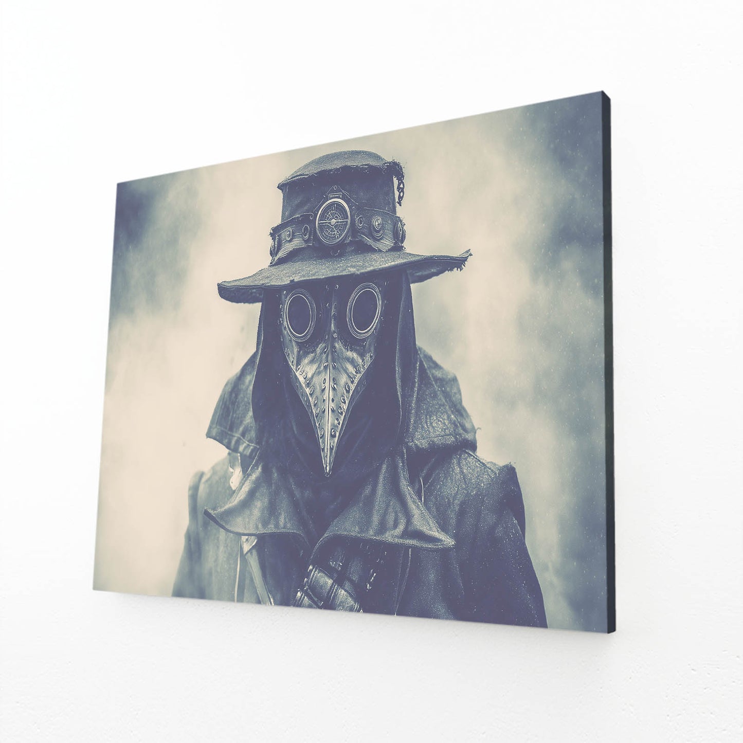 Blue Fog Plague Doctor Steampunk Prints – angled canvas view on white background