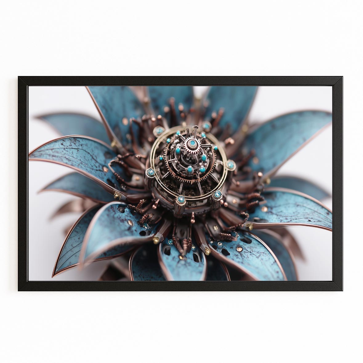 Blue Gear Dahlia Steampunk Wall Decor – with Premium Black frame on white background